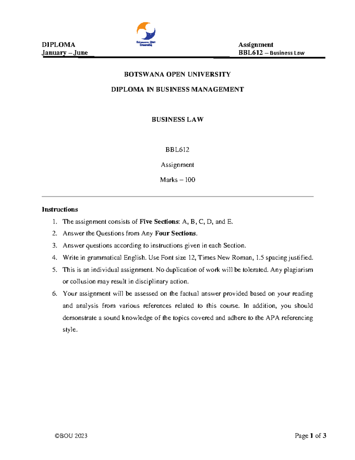 BBL612 - Assignment Questions 240225 155920 - DIPLOMA Assignment ...
