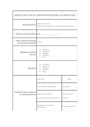 PLAN DE Carrera - leer - MODELO DE PLAN DE CARRERA PROFESIONAL EN MARKETING  Meta profesional: Llegar - Studocu