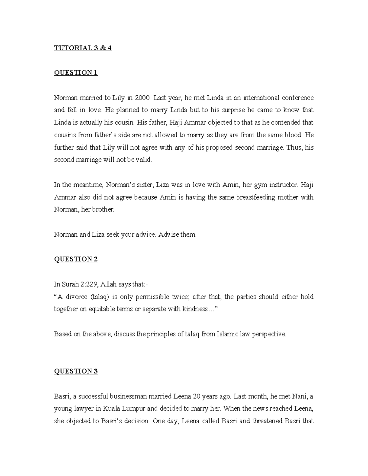 5997 Tutorial 3 & 4 - TUTORIAL 3 & 4 QUESTION 1 Norman married to Lily ...
