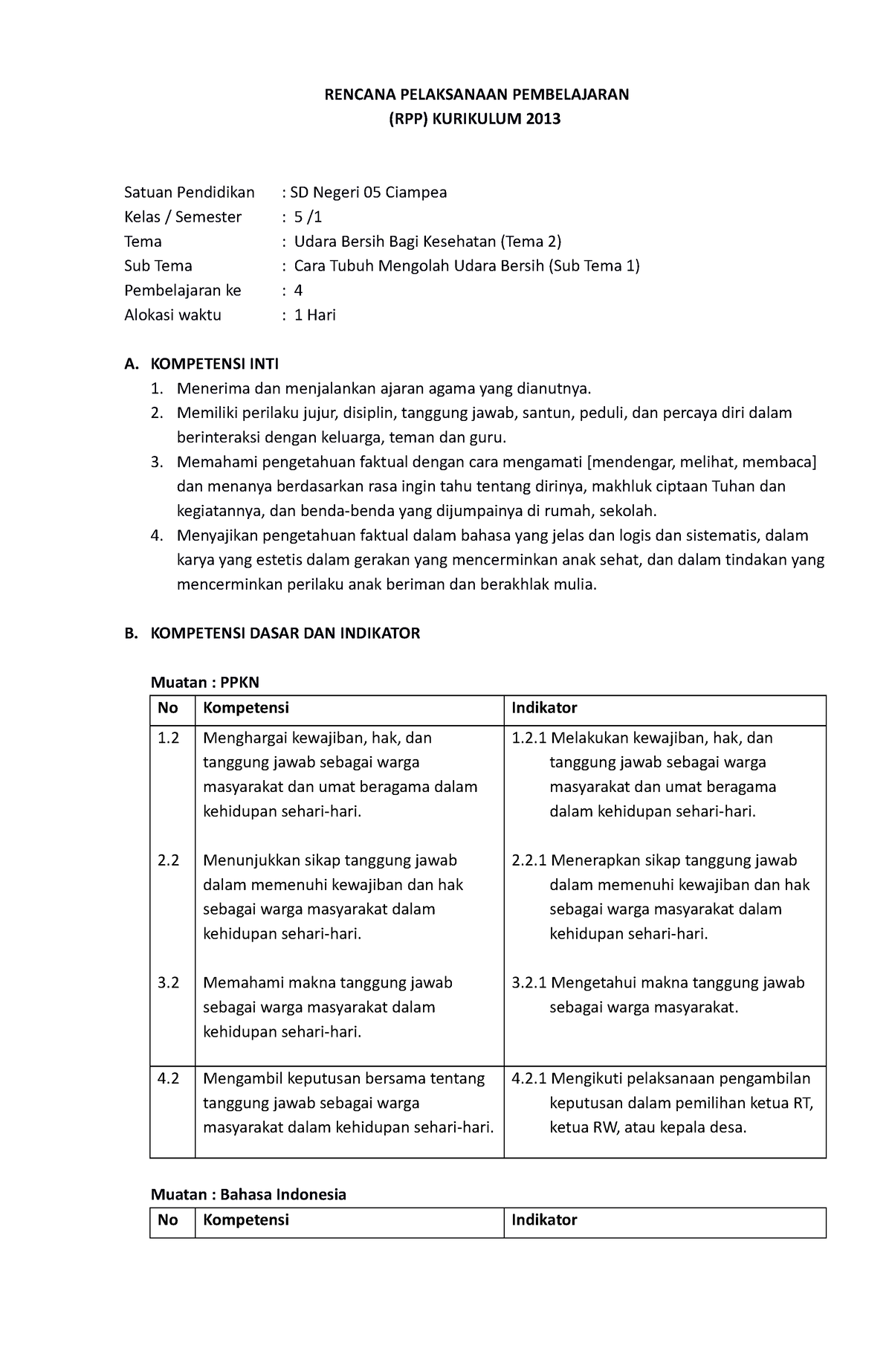 RPP Tema2 Sub1 Pb4 - RPP - RENCANA PELAKSANAAN PEMBELAJARAN (RPP ...