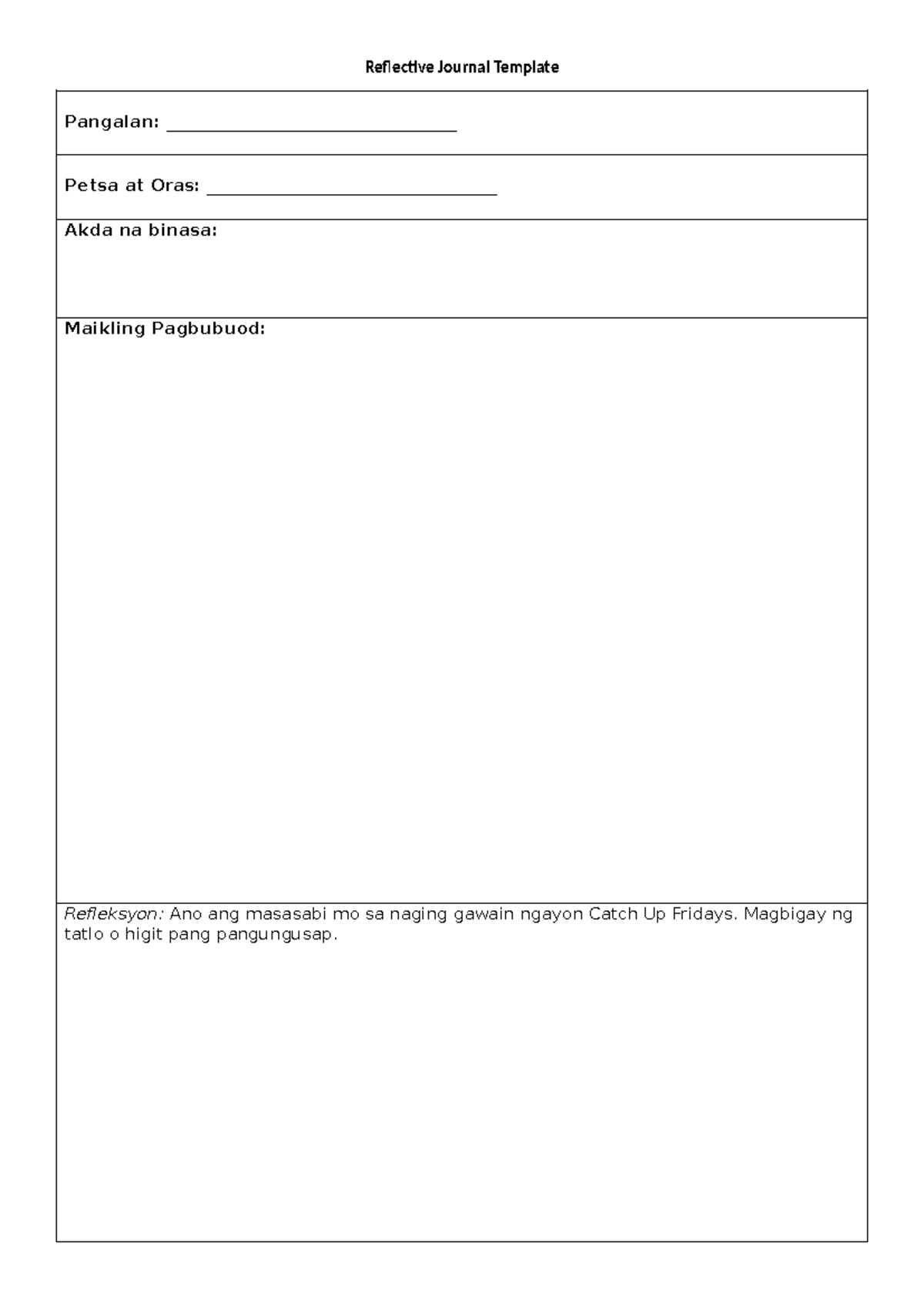 Activity sheet Reading 8 Day 2 - Reflective Journal Template Pangalan ...