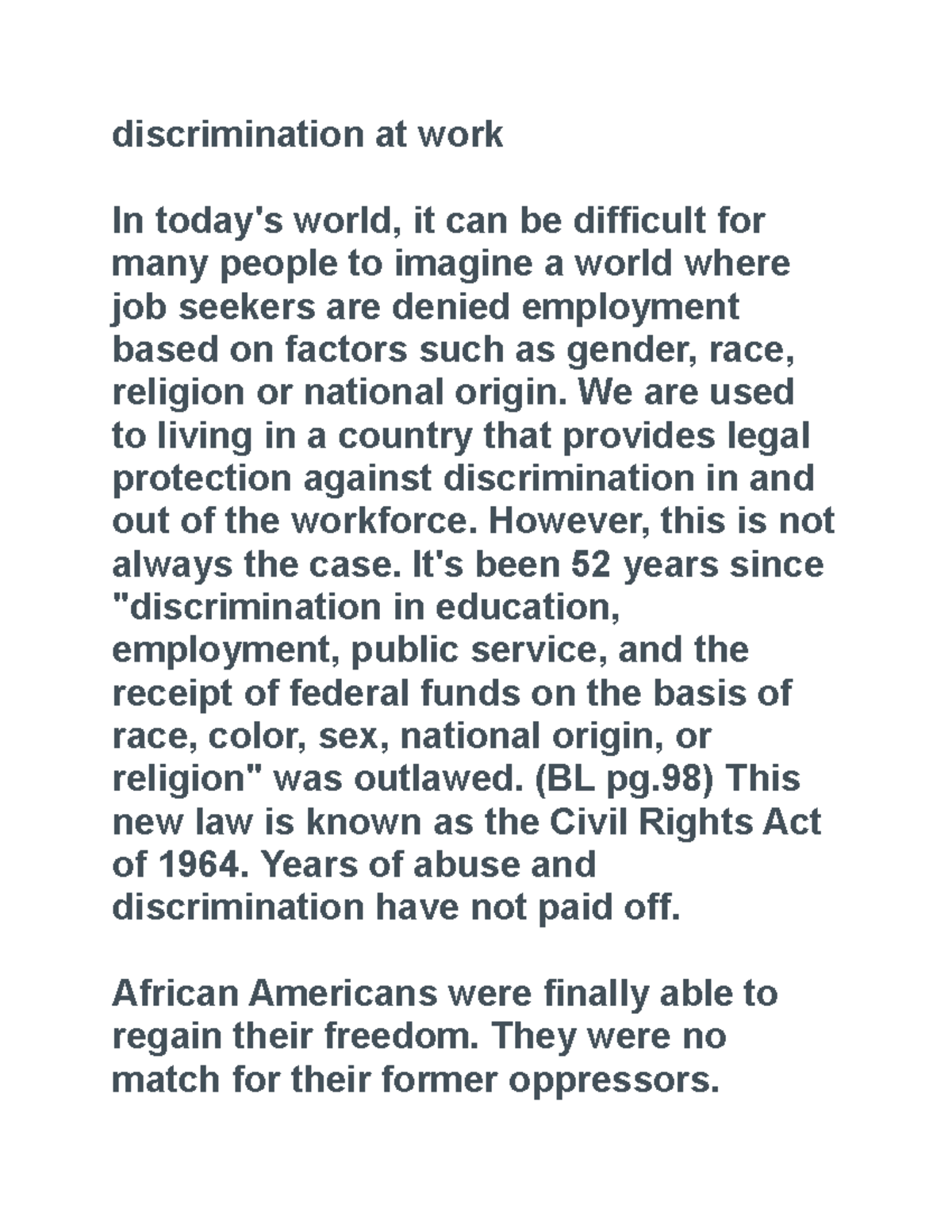 discrimination in the workplace essay pdf