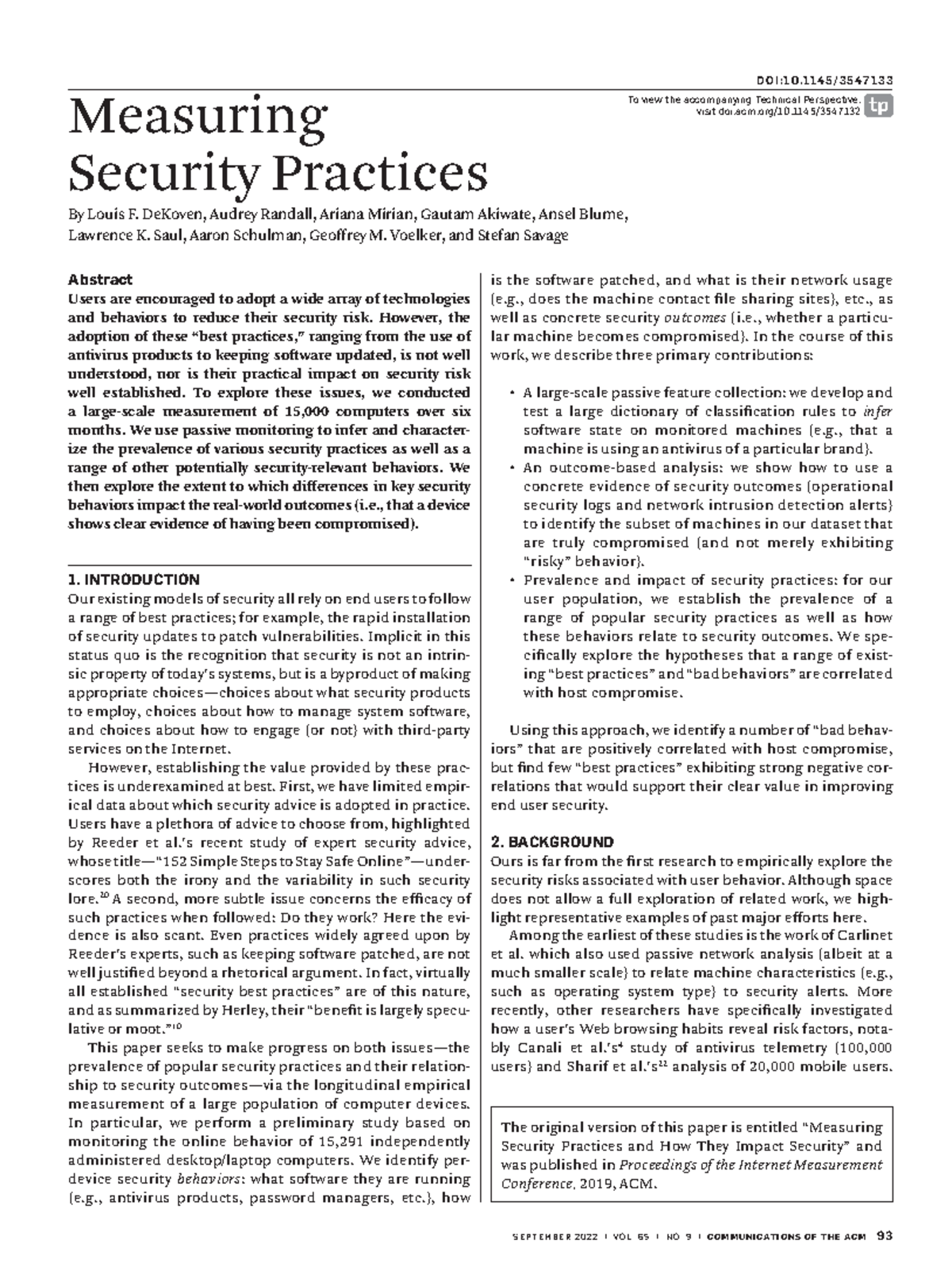 Measuring Security Practices PDF - S E PT E M B E R 2 0 2 2 | VO L. 6 5 ...