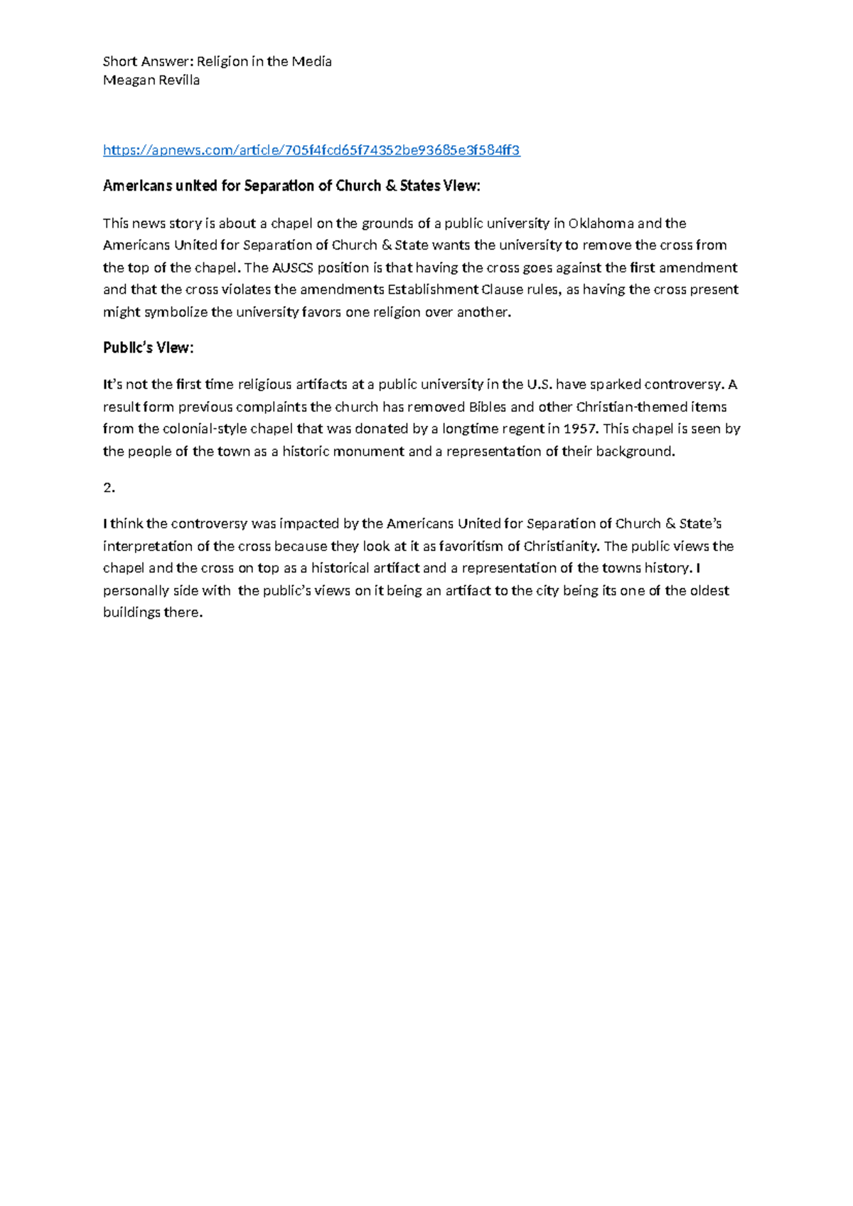 Short Answer Religion in the Media - Short Answer: Religion in the ...