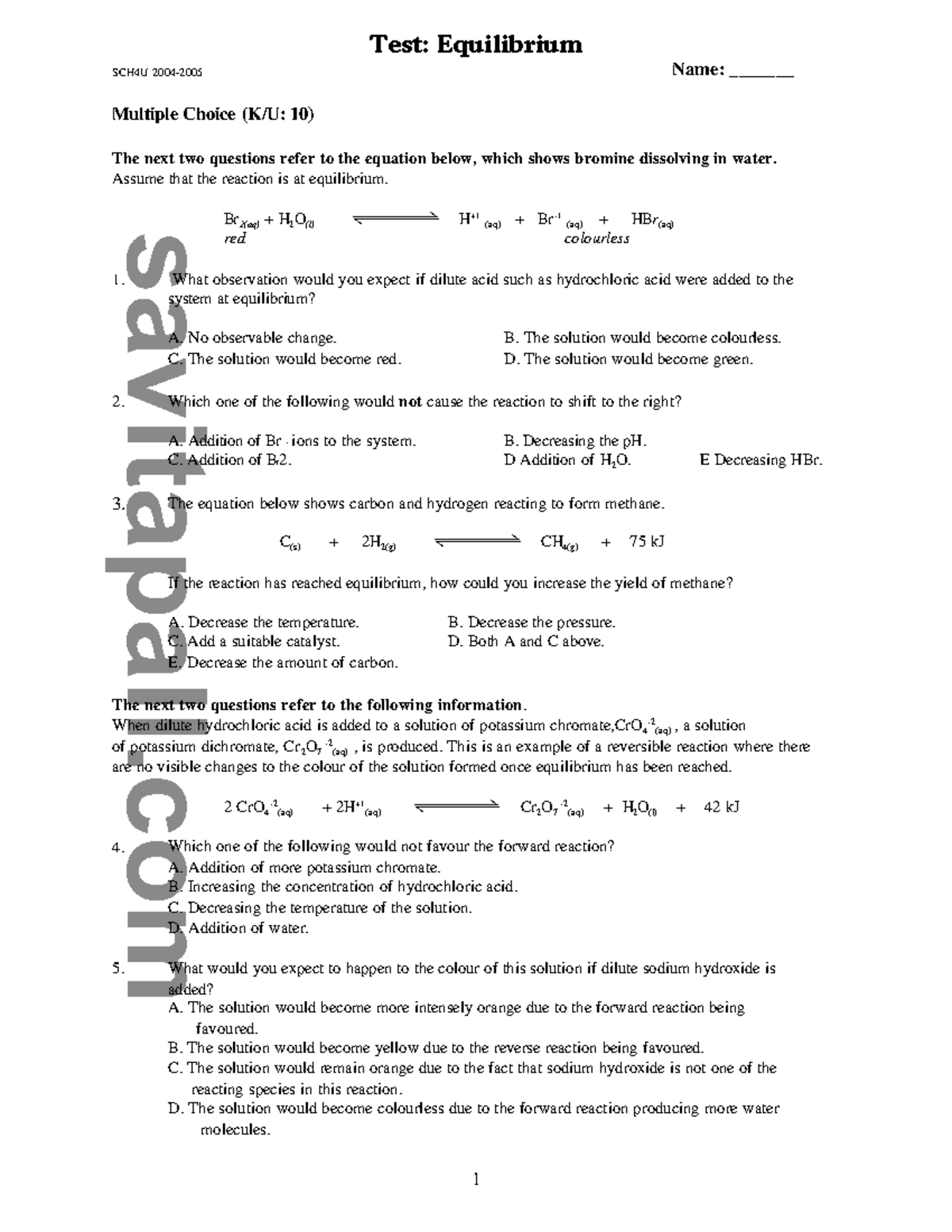 Unit Test-Equilibrium 04-05 - Test: Equilibrium SCH4U 2004-2005 Name ...