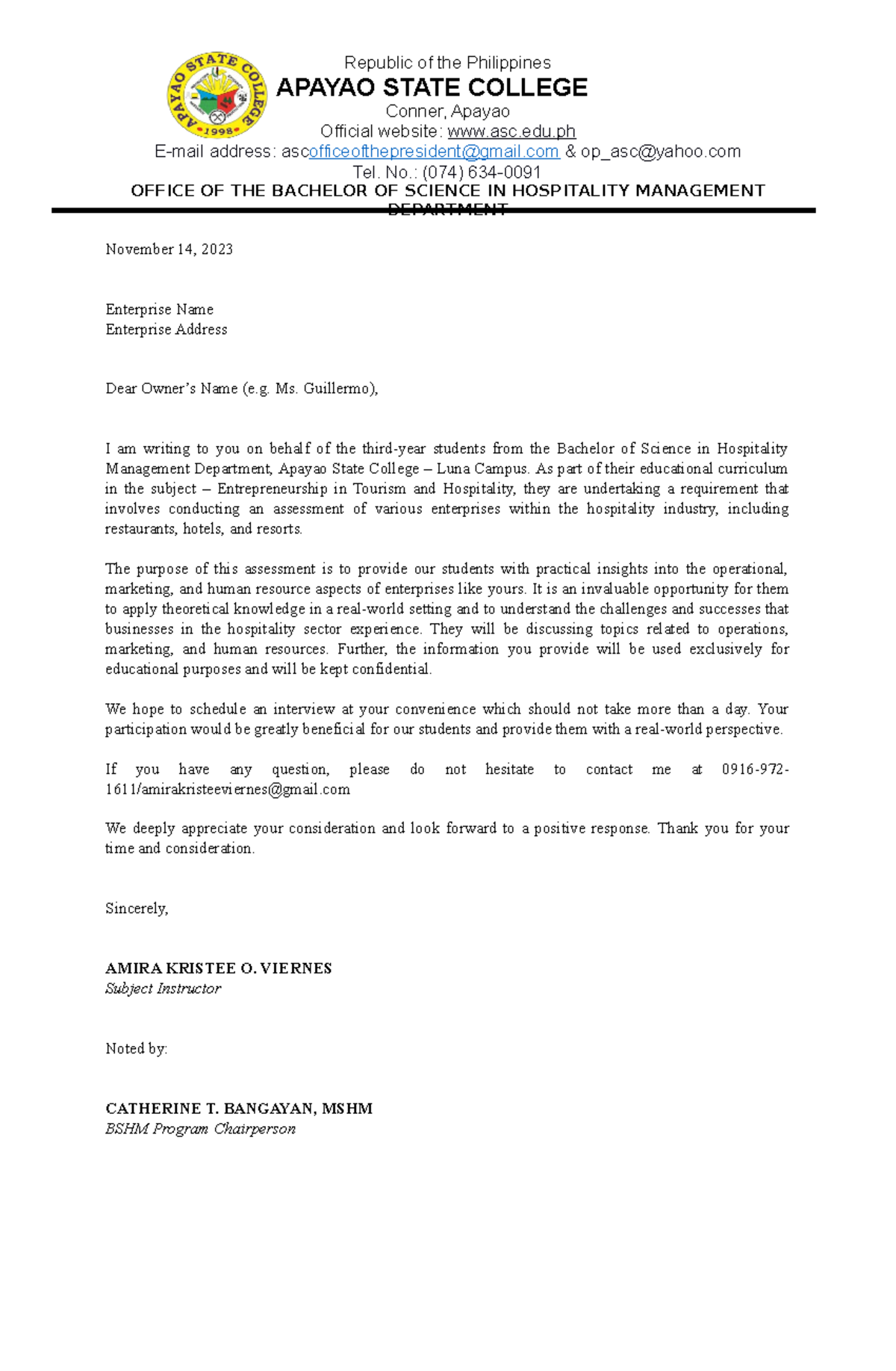 Letter - Republic of the Philippines APAYAO STATE COLLEGE Conner ...