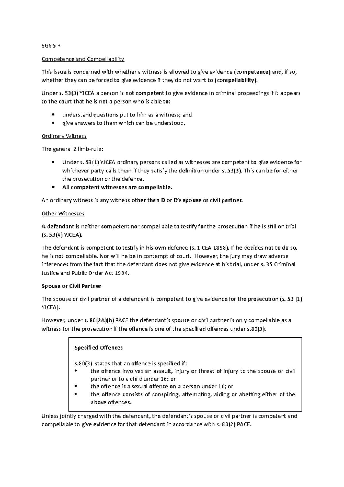 Sgs 5 R - Competence And Compellability Of Witnesses - Sgs 5 R 