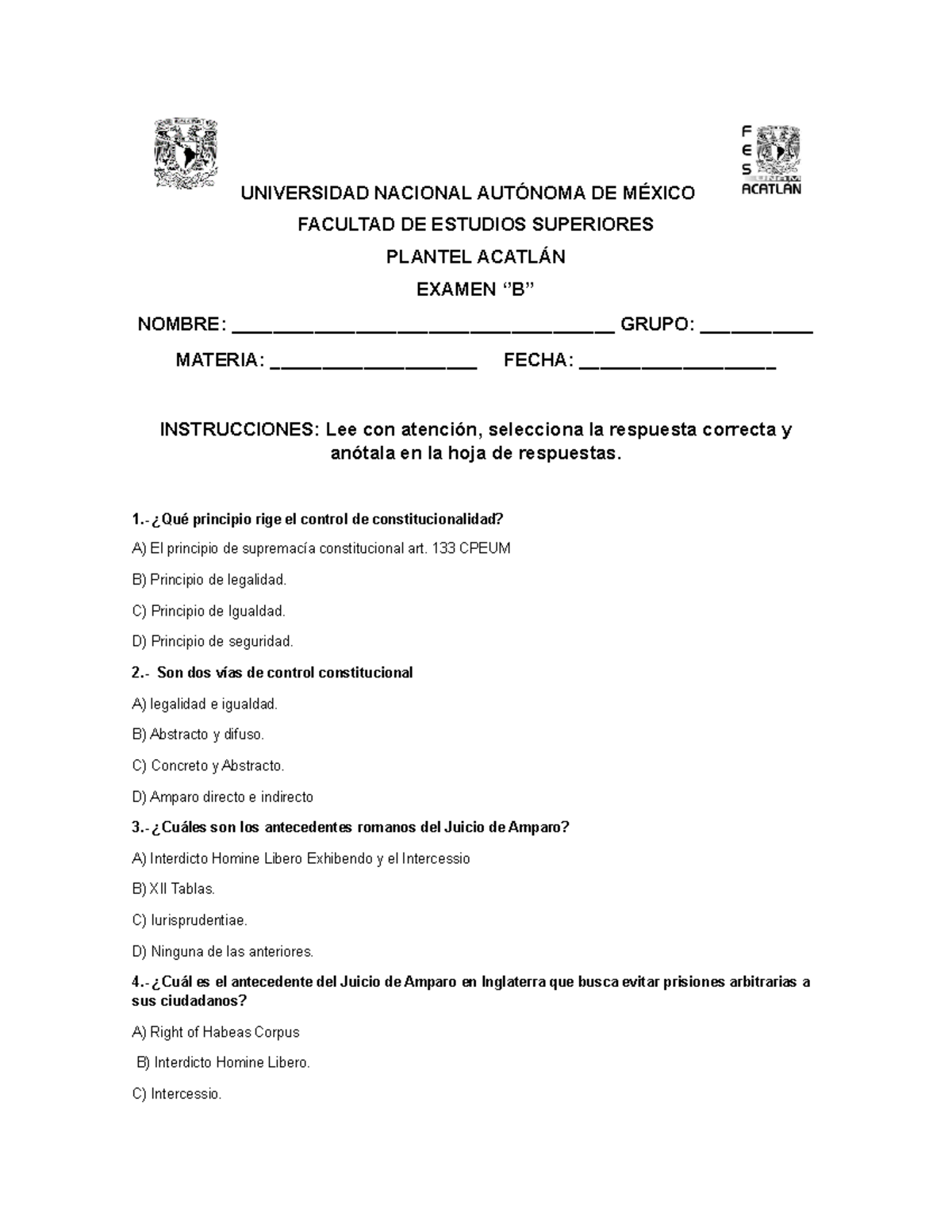 Examen B DE Amparo - Preguntas - UNIVERSIDAD NACIONAL AUTÓNOMA DE ...