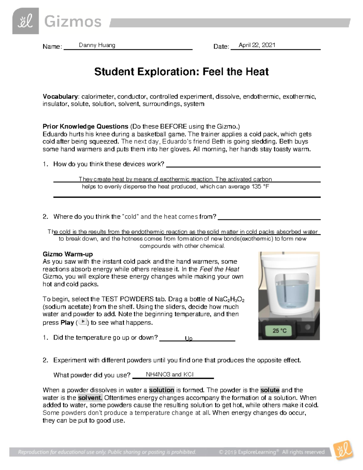 Feel The Heat Name Date Student Exploration Feel The Heat 