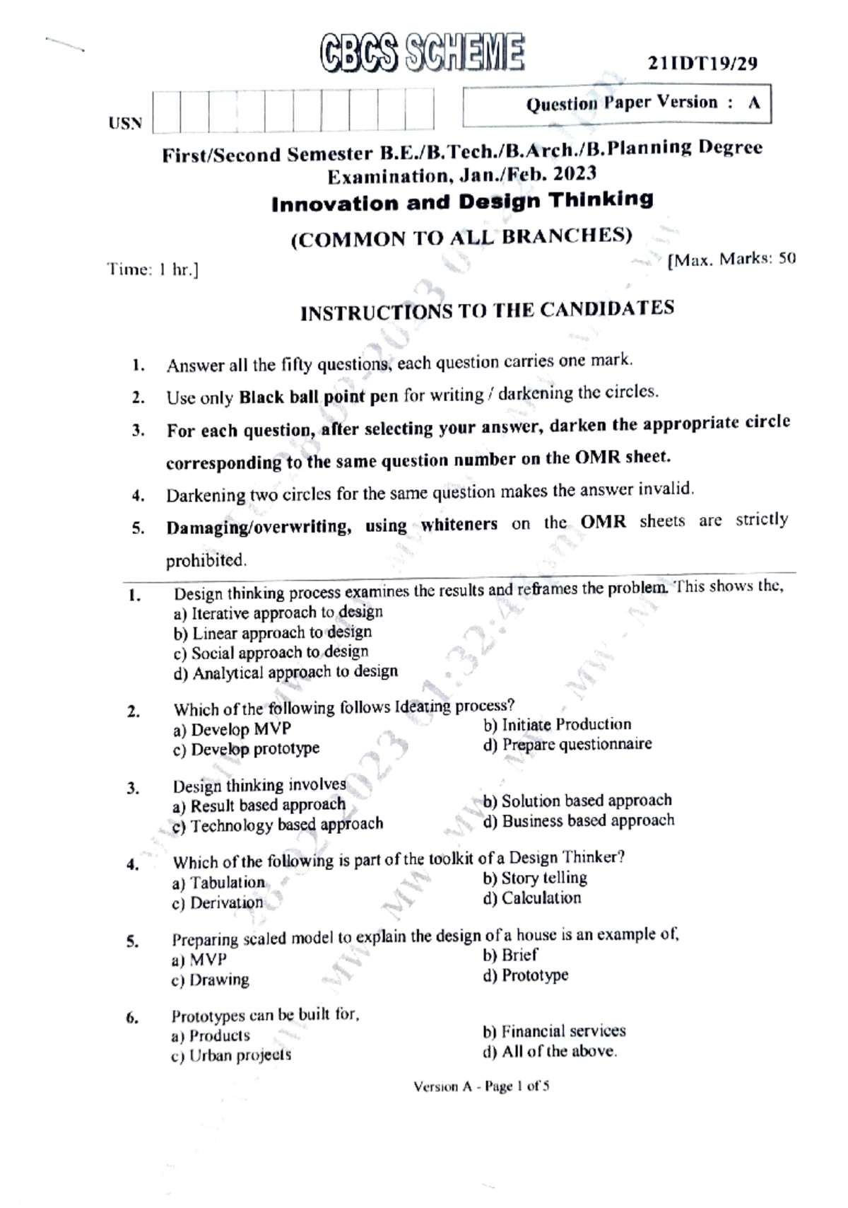 Innovation and design thinking 2nd - USN Time: 1 hr.] 1. 2. 3. 4. 5. 1 ...