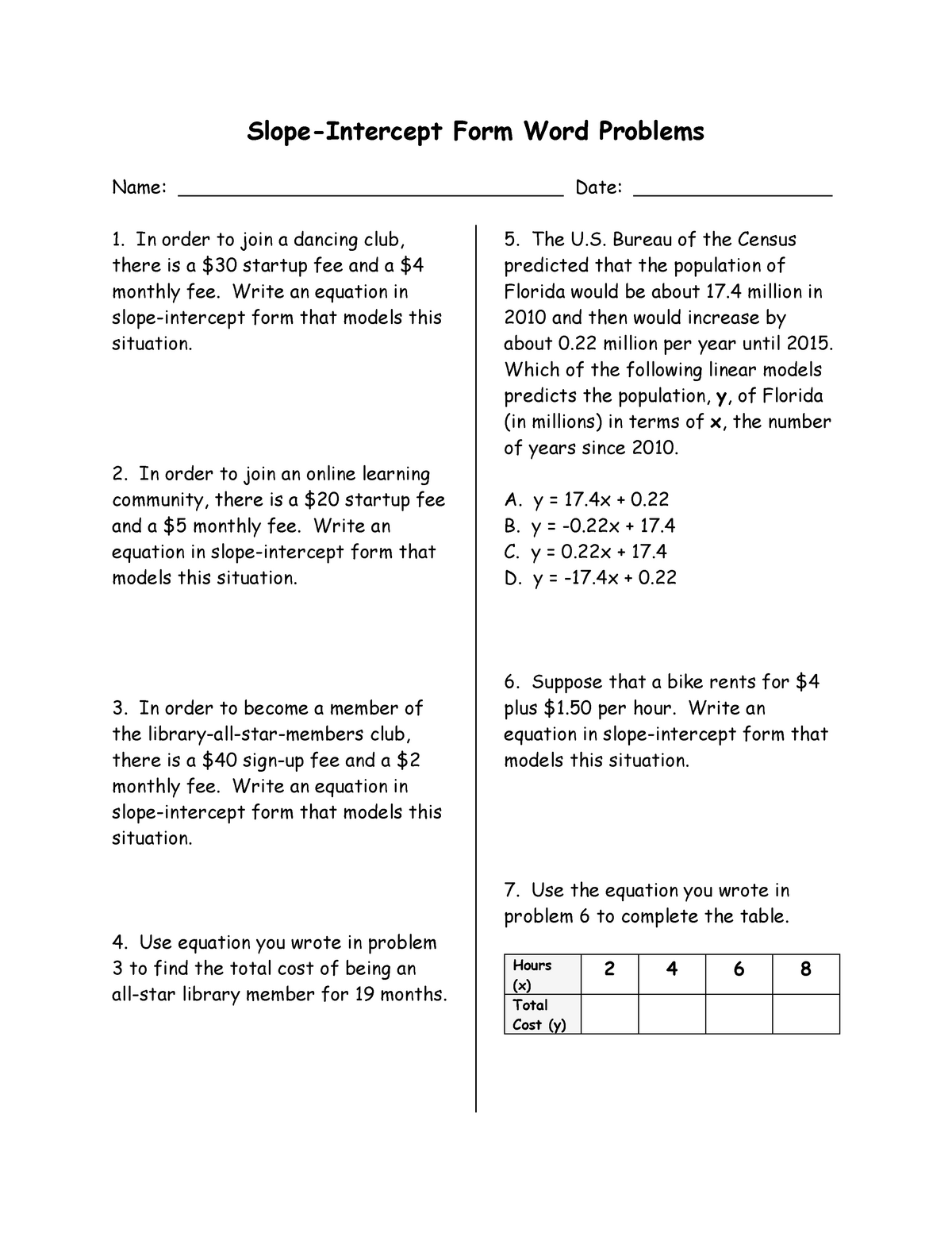 Slope Intercept Form Word Problems Wkst Slope Intercept Form Word 