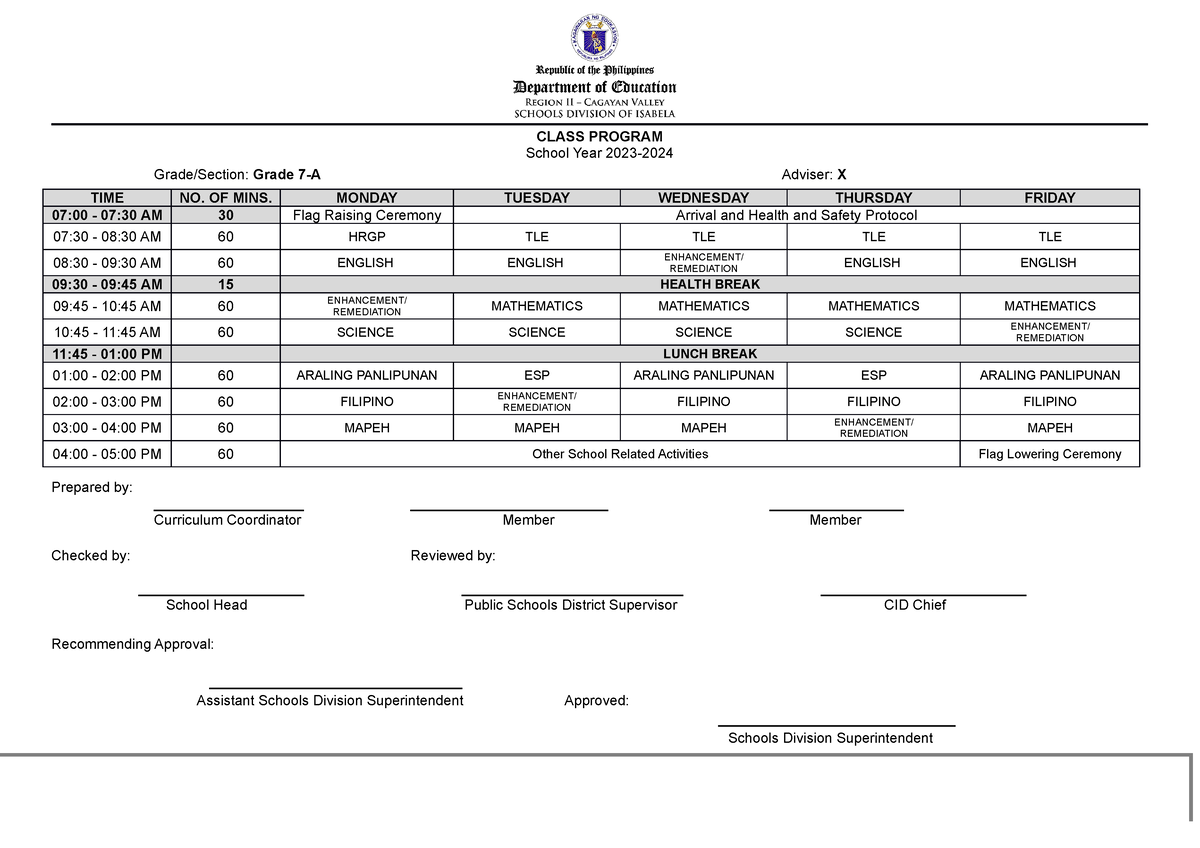 Sample of Classroom Program 20232024 School Year 2023 Grade/Section