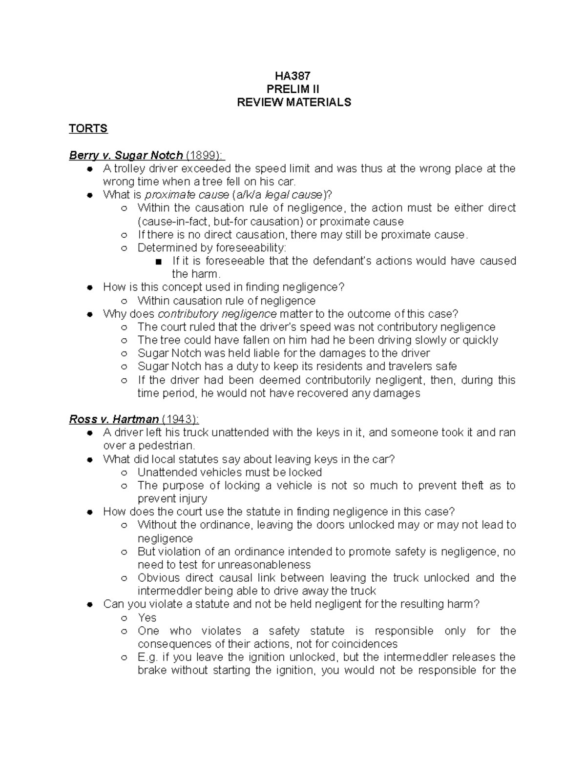 Prelim 2 Study Guide HA PRELIM II REVIEW MATERIALS TORTS Berry v