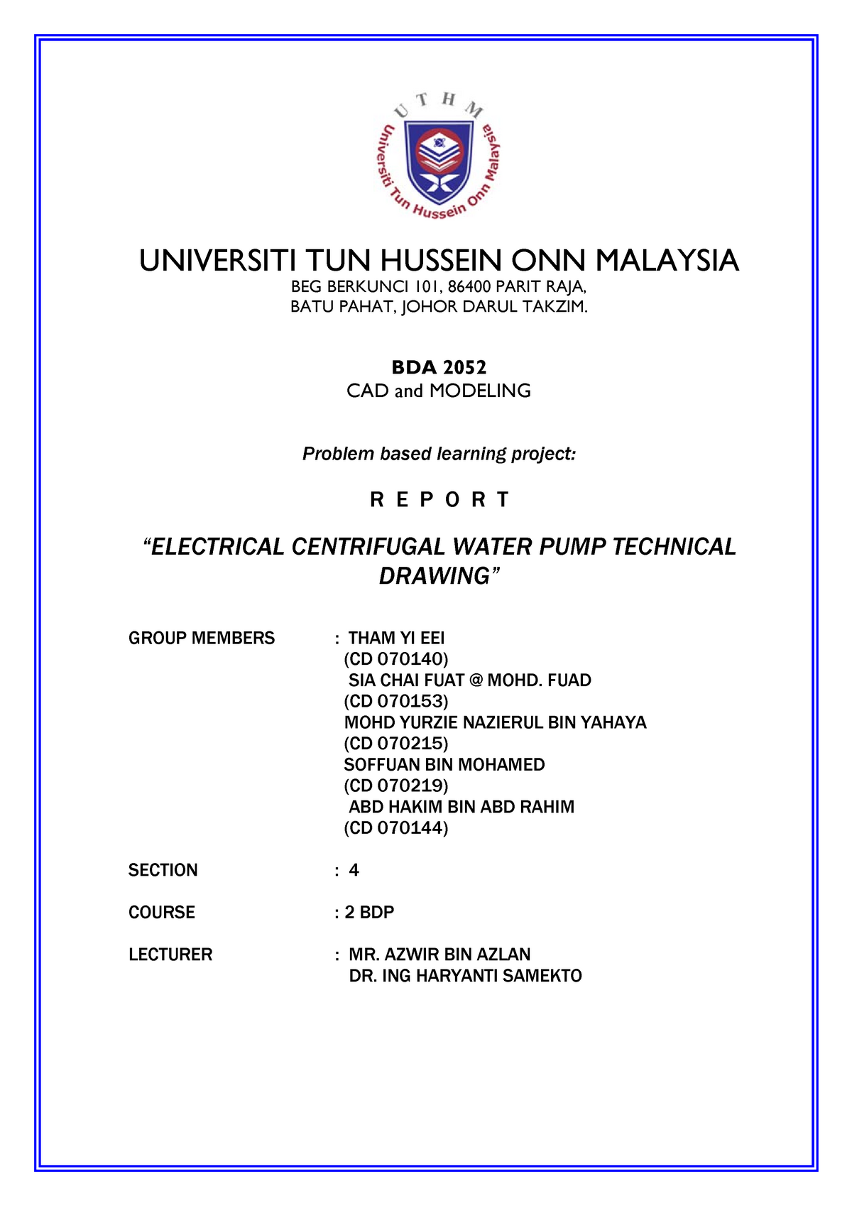 Contoh Projek CAD 18   UNIVERSITI TUN HUSSEIN ONN MALAYSIA BEG ...