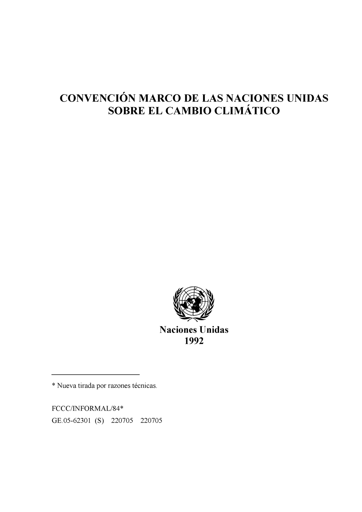 ONU 1992 Convenci”N Marco DE LAS Naciones Unidas Sobre Cambio Climatico ...