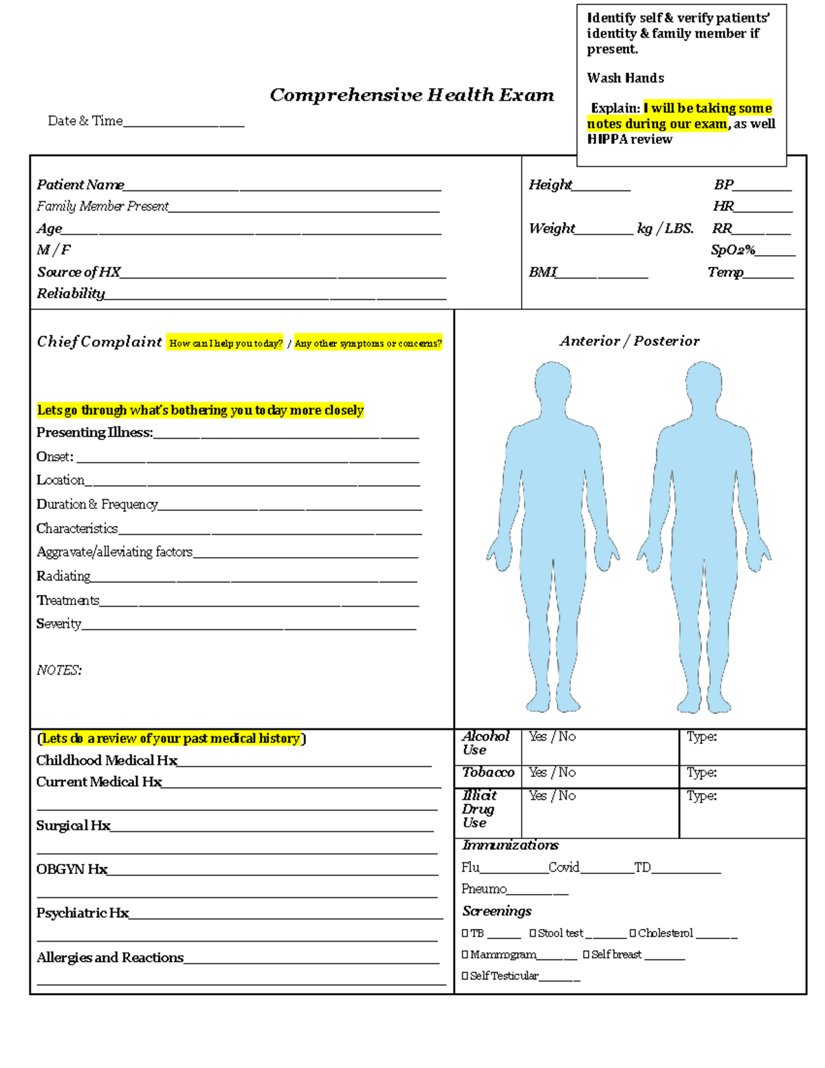 History and physical Comprehensive Health Exam Date & Time