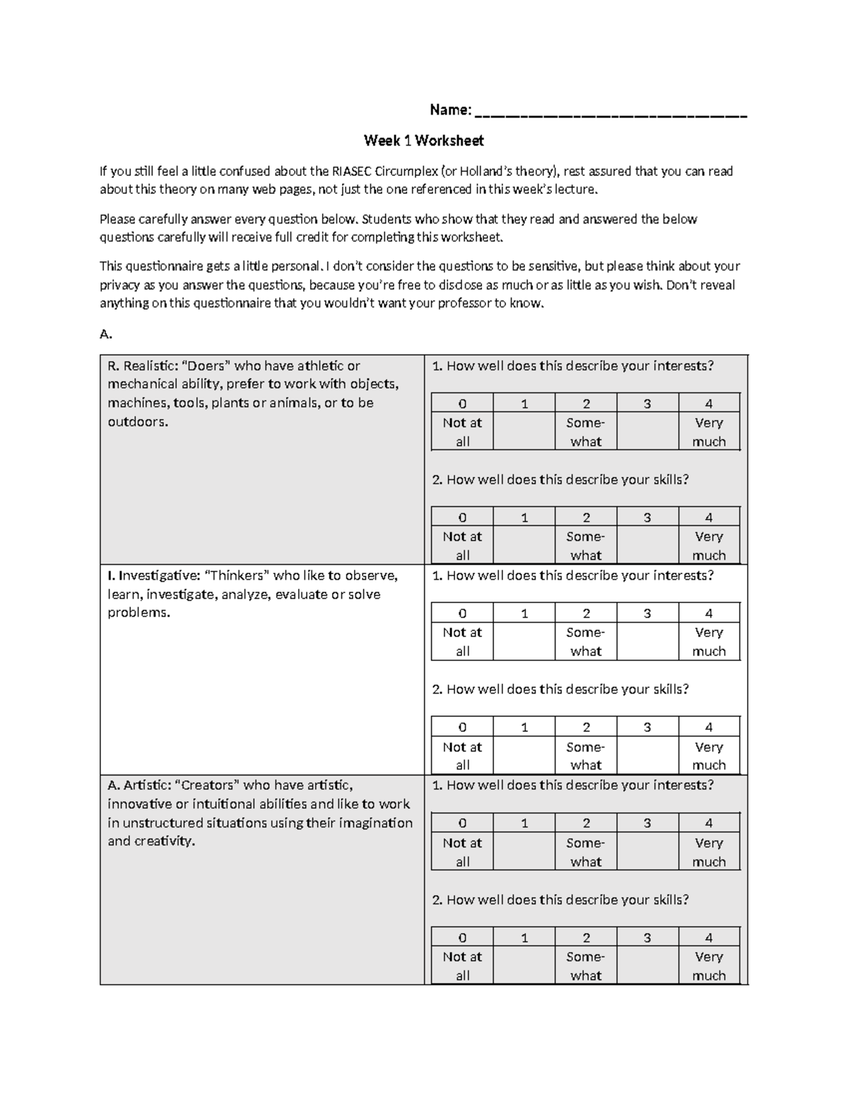 WK 1 Worksheet ( Riasec) - Name ...
