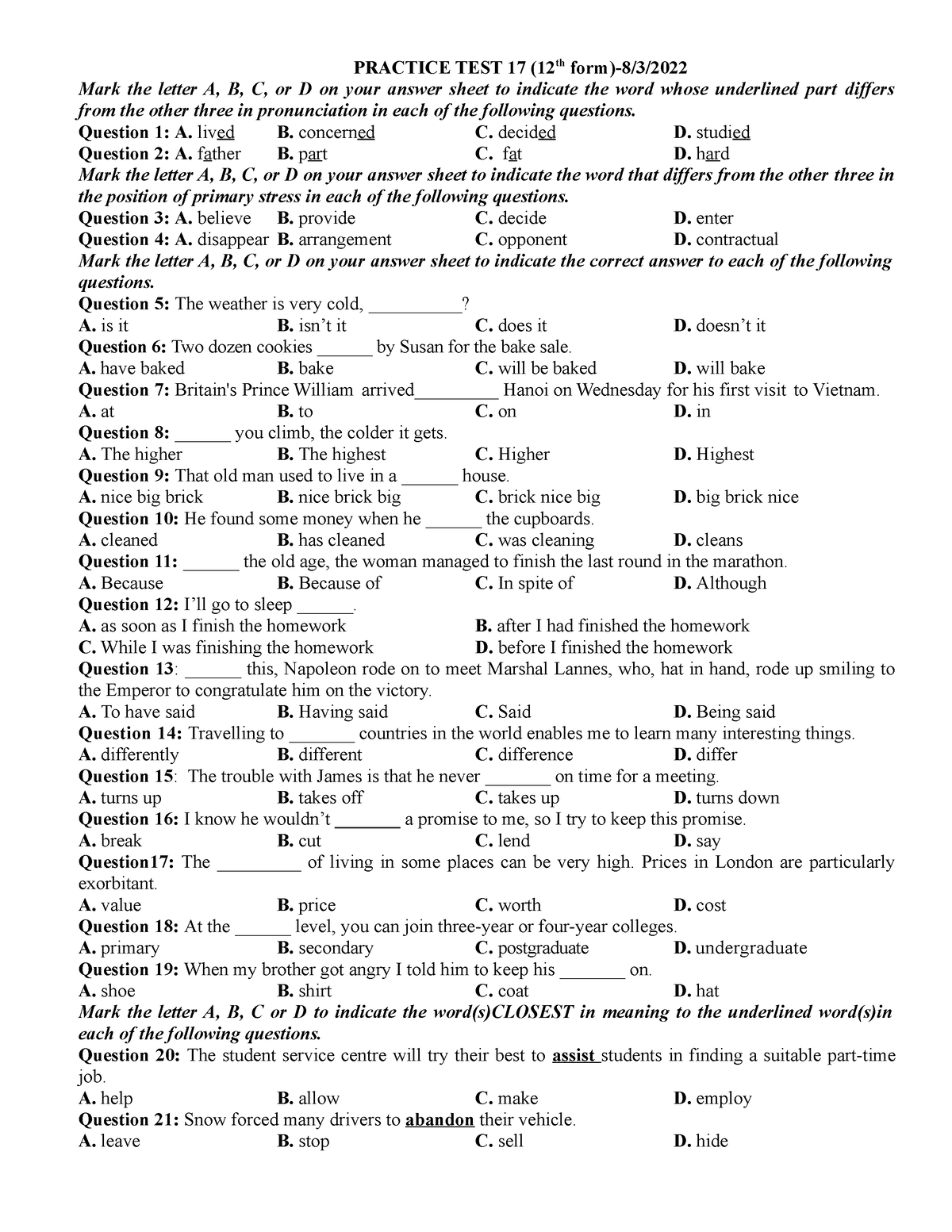 Practice TEST 17-8 - Gôd - PRACTICE TEST 17 (12th form)-8/3/ Mark the ...