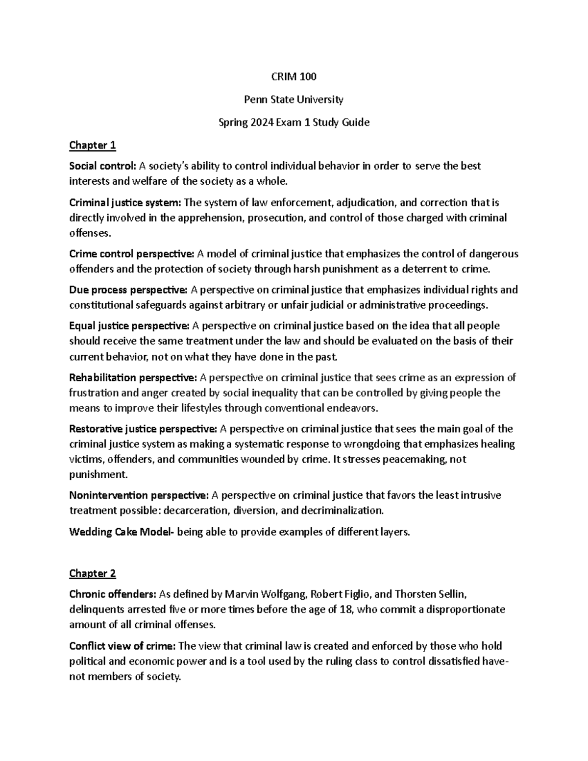 CRIM 100 Exam 1 Study Guide - CRIM 100 Penn State University Spring ...