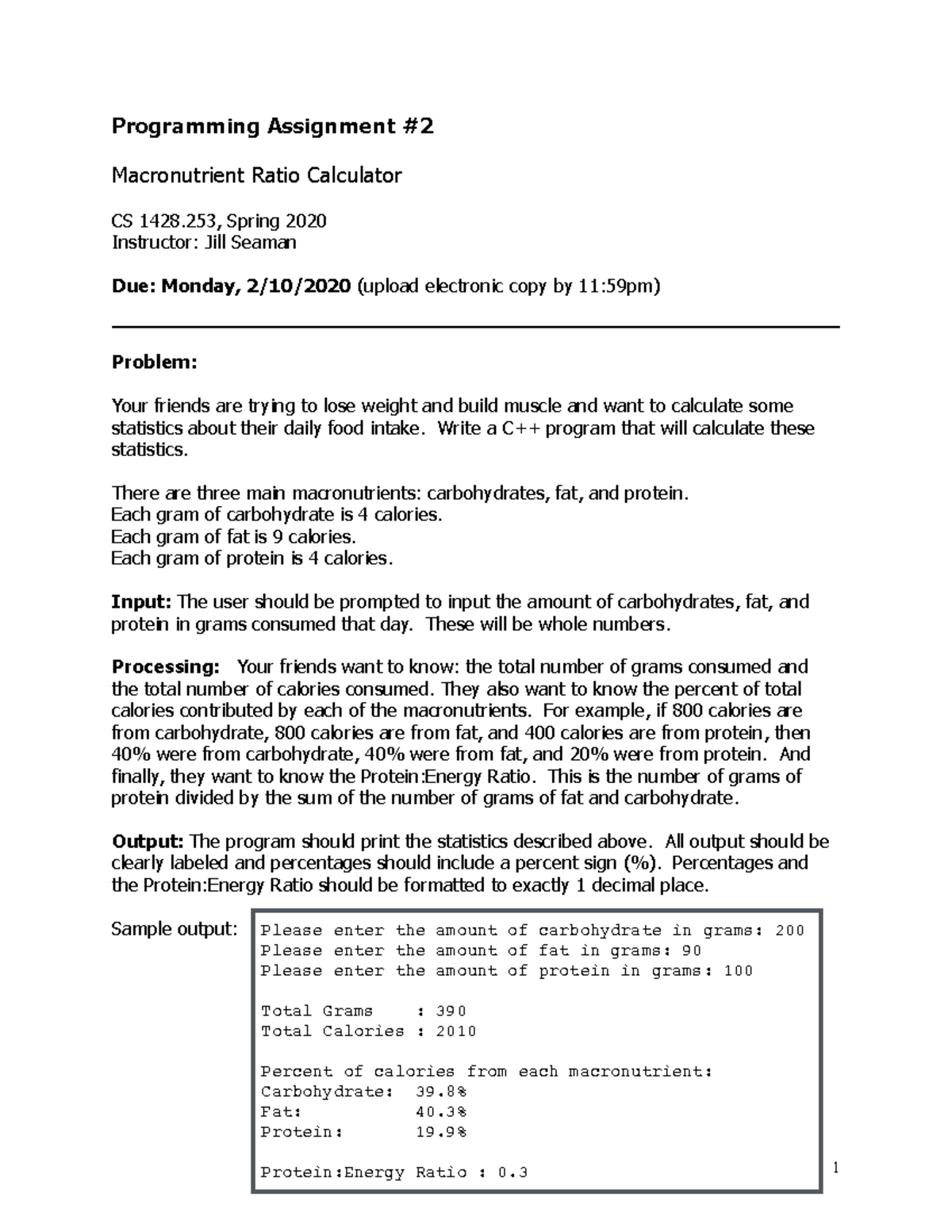 Assign 2 - Programming Assignment Macronutrient Ratio Calculator CS ...