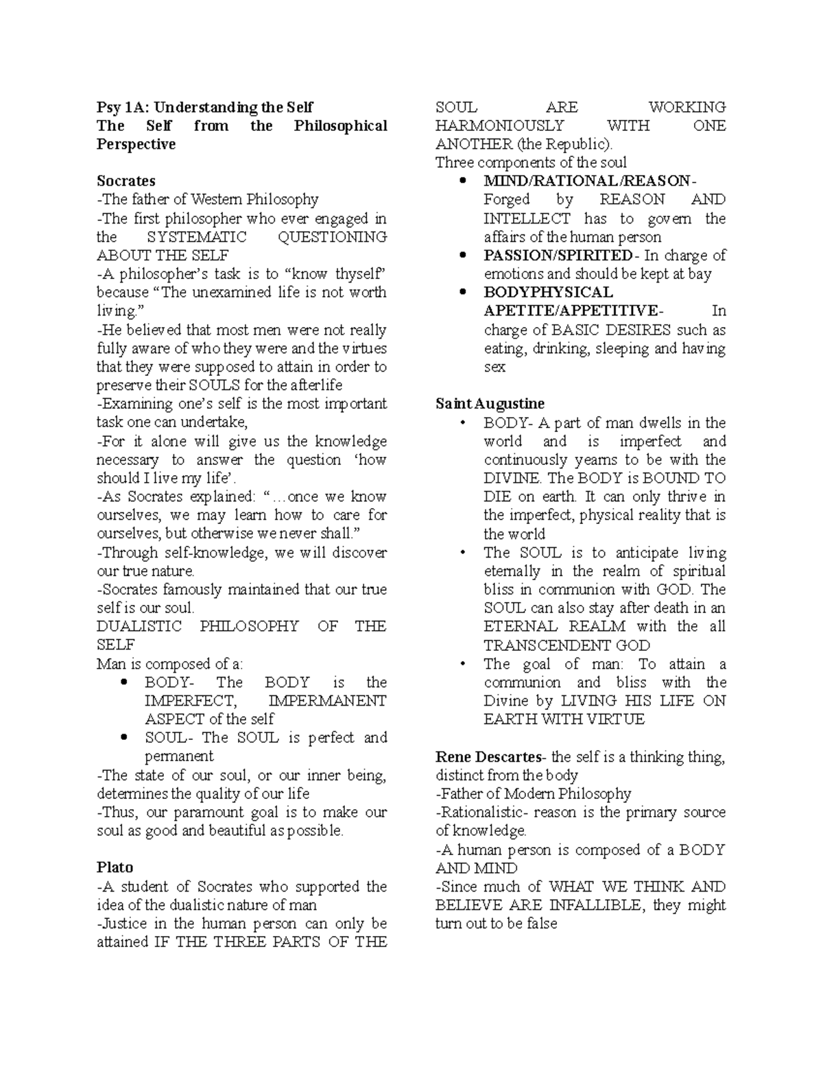 Handouts philosophy - discussion 1 - Psy 1A: Understanding the Self The ...