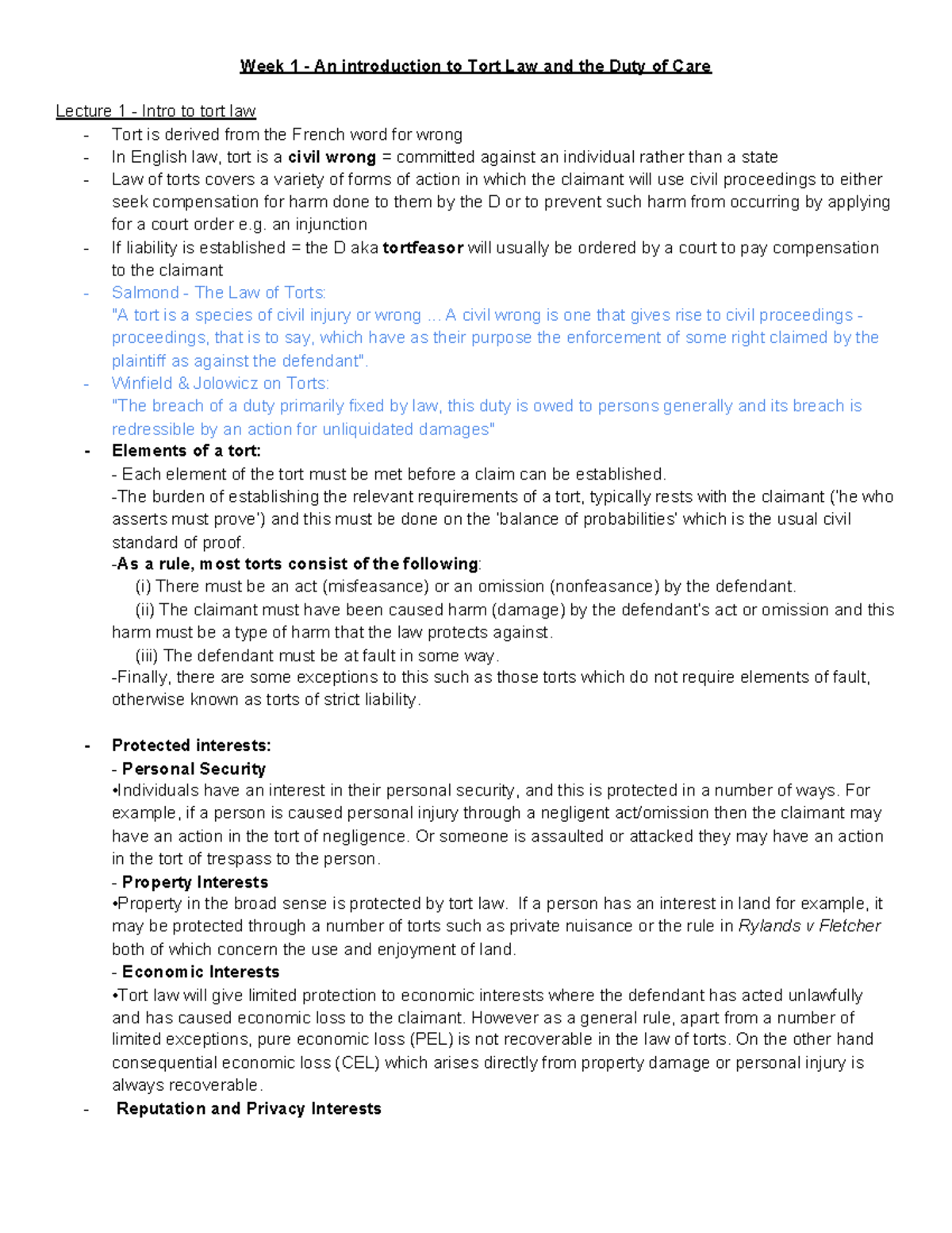 Tort Law Lecture Notes - Week 1 = Intro to Tort Law and Duty of Care ...