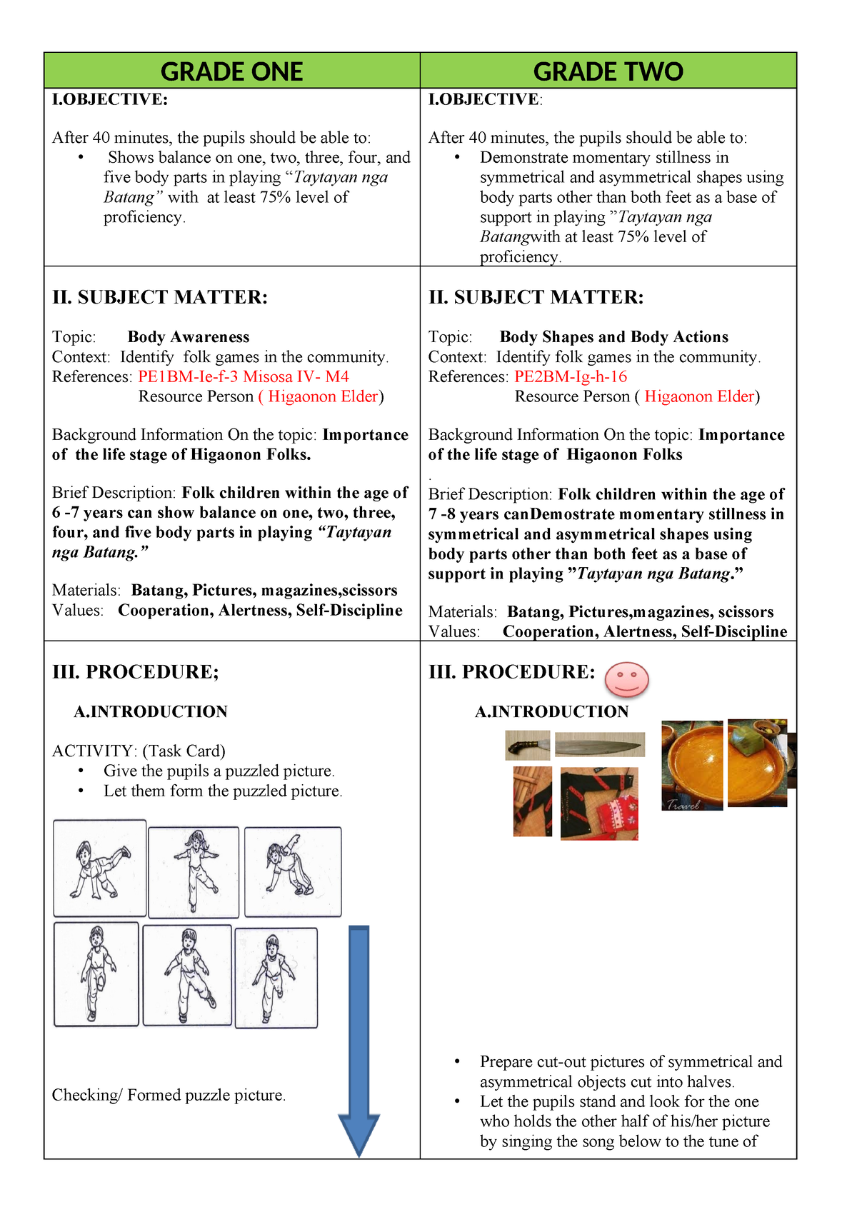 Multigrade Lesson Plans FOR Grades I AND - GRADE ONE GRADE TWO I: After ...