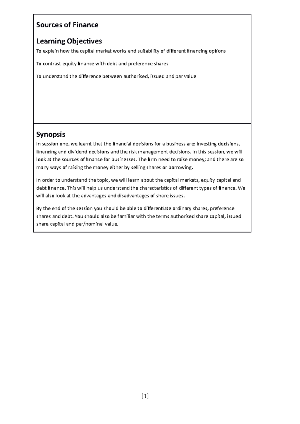 Week 1 Part B - Lecture notes 1 - Sources of Finance Learning ...