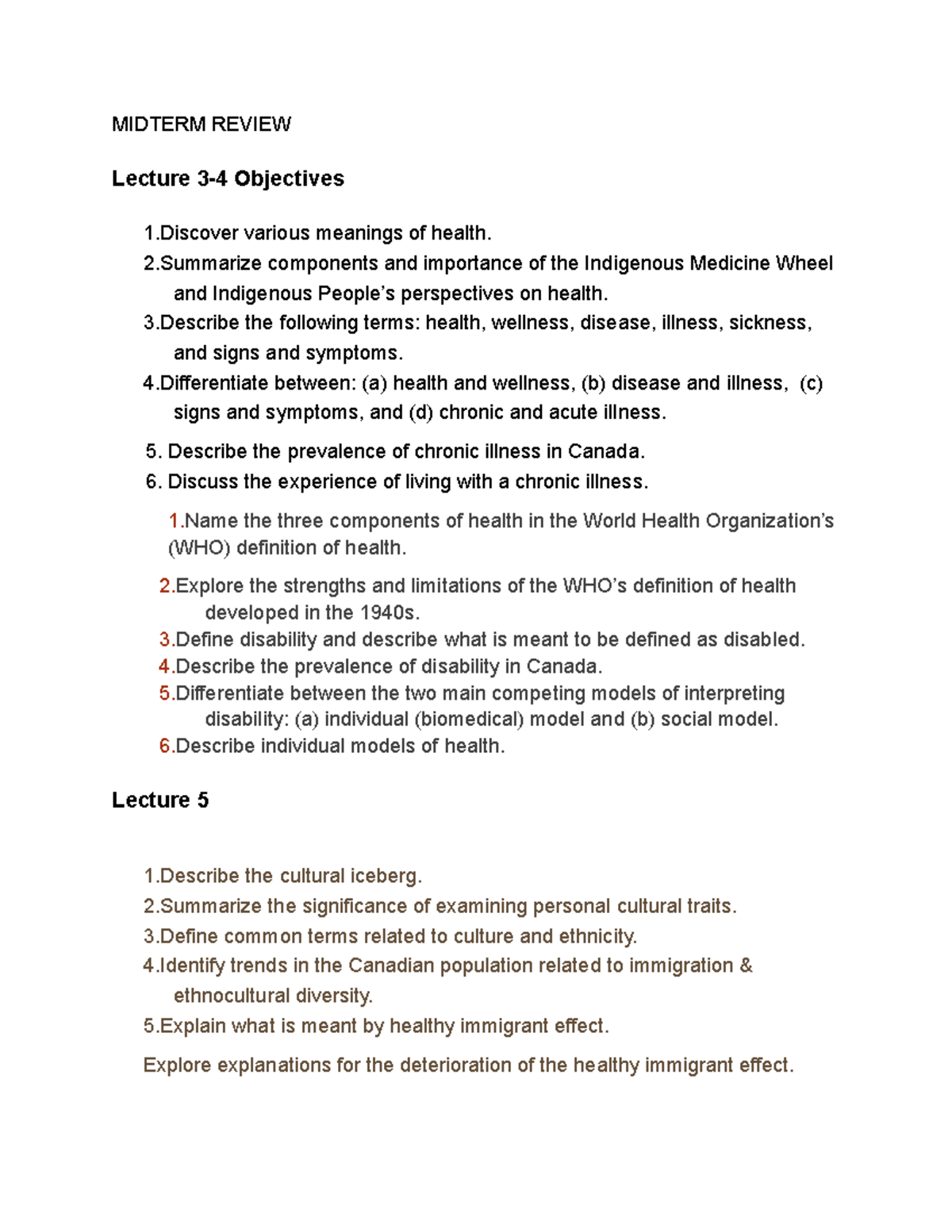 Foundations of Health review questions MIDTERM REVIEW Lecture 34