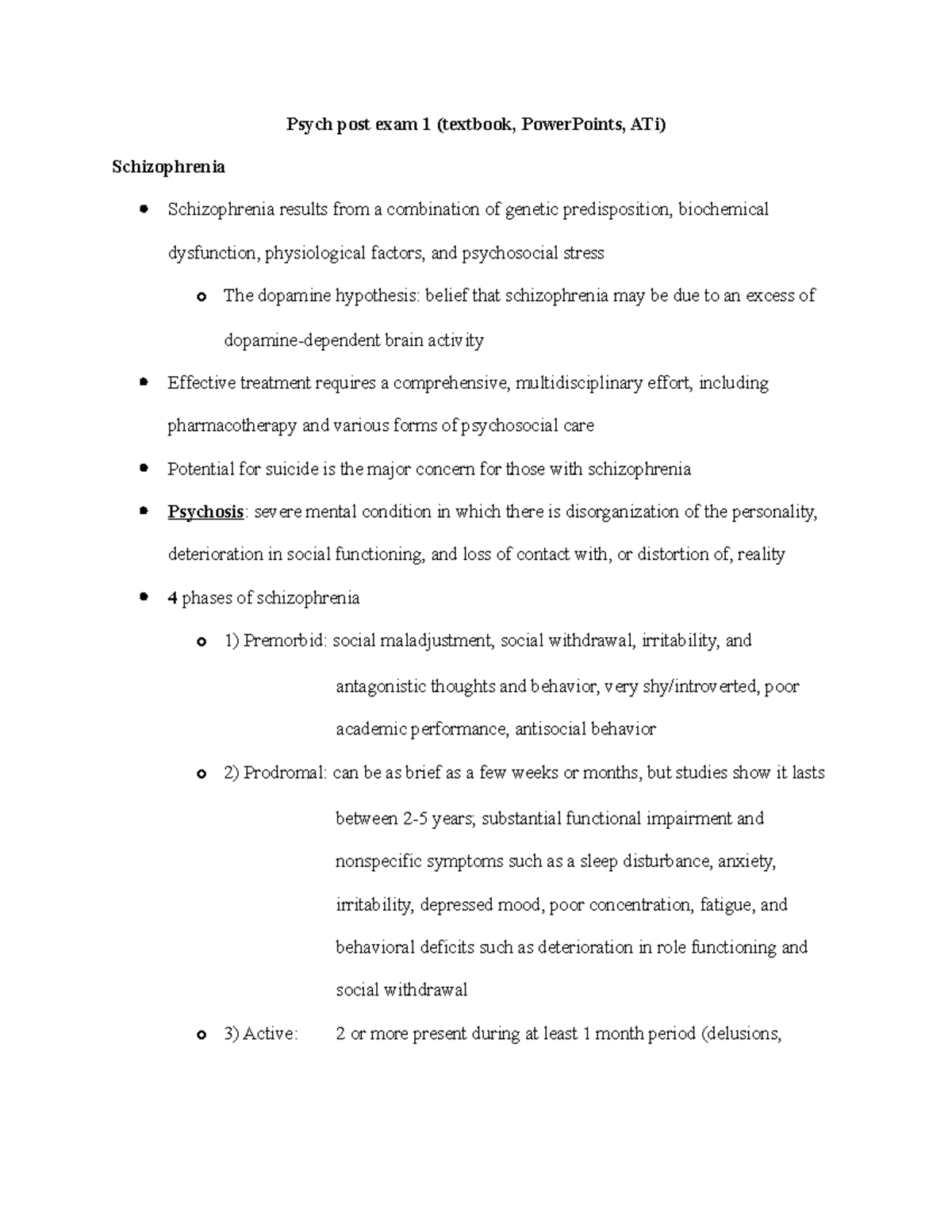 Schizophrenia notes everything - Psych post exam 1 (textbook ...