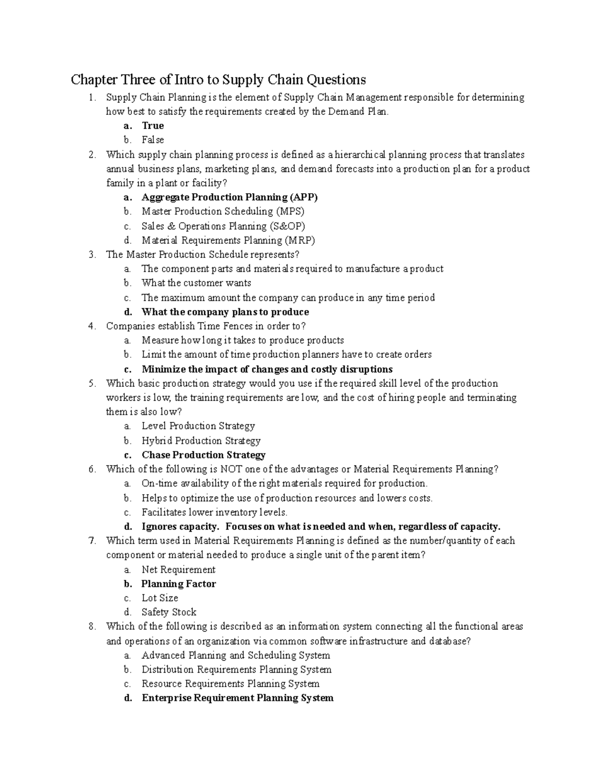 Chapter Three Of Intro To Supply Chain Questions - A. True B. False ...