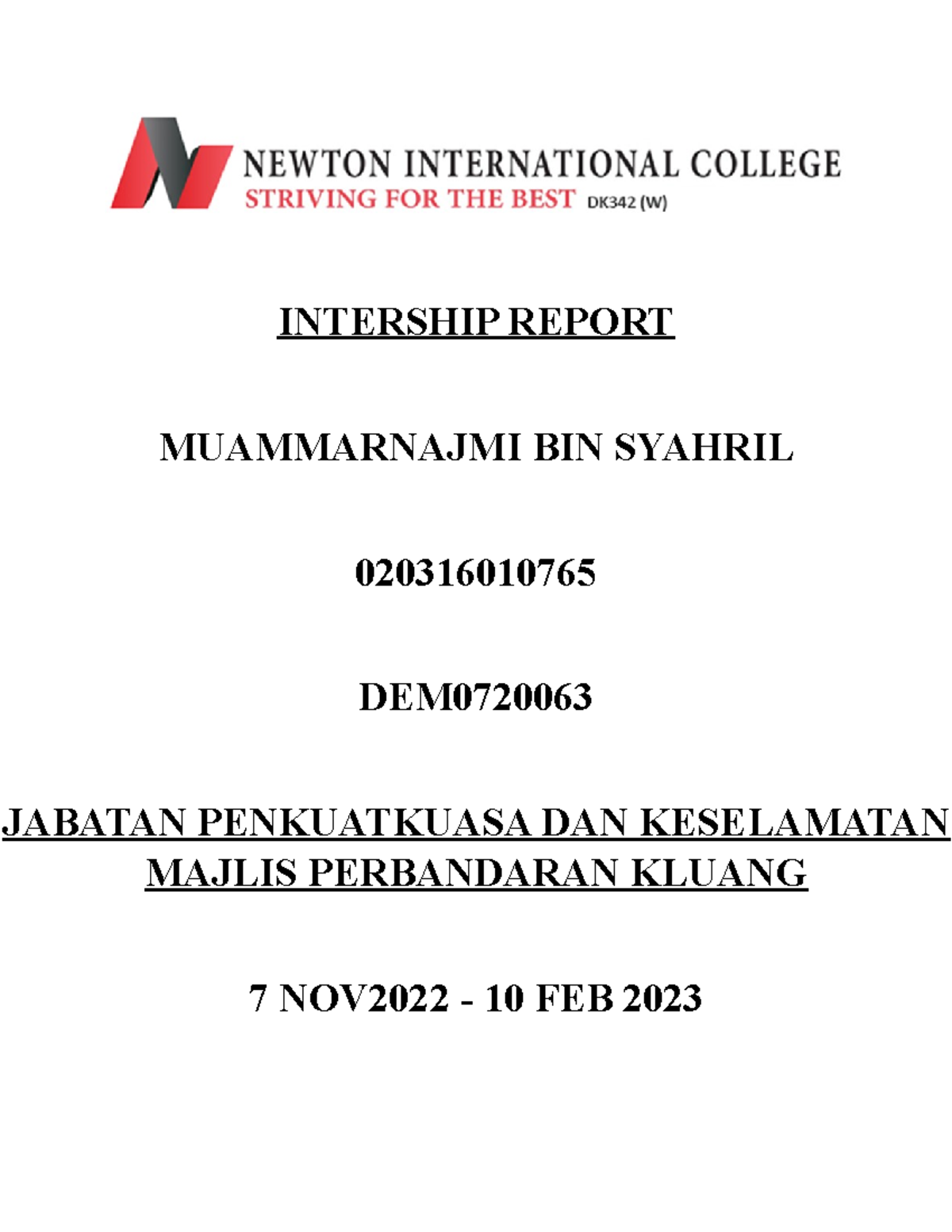 Intership Report 20 - 01322131 - INTERSHIP REPORT MUAMMARNAJMI BIN ...