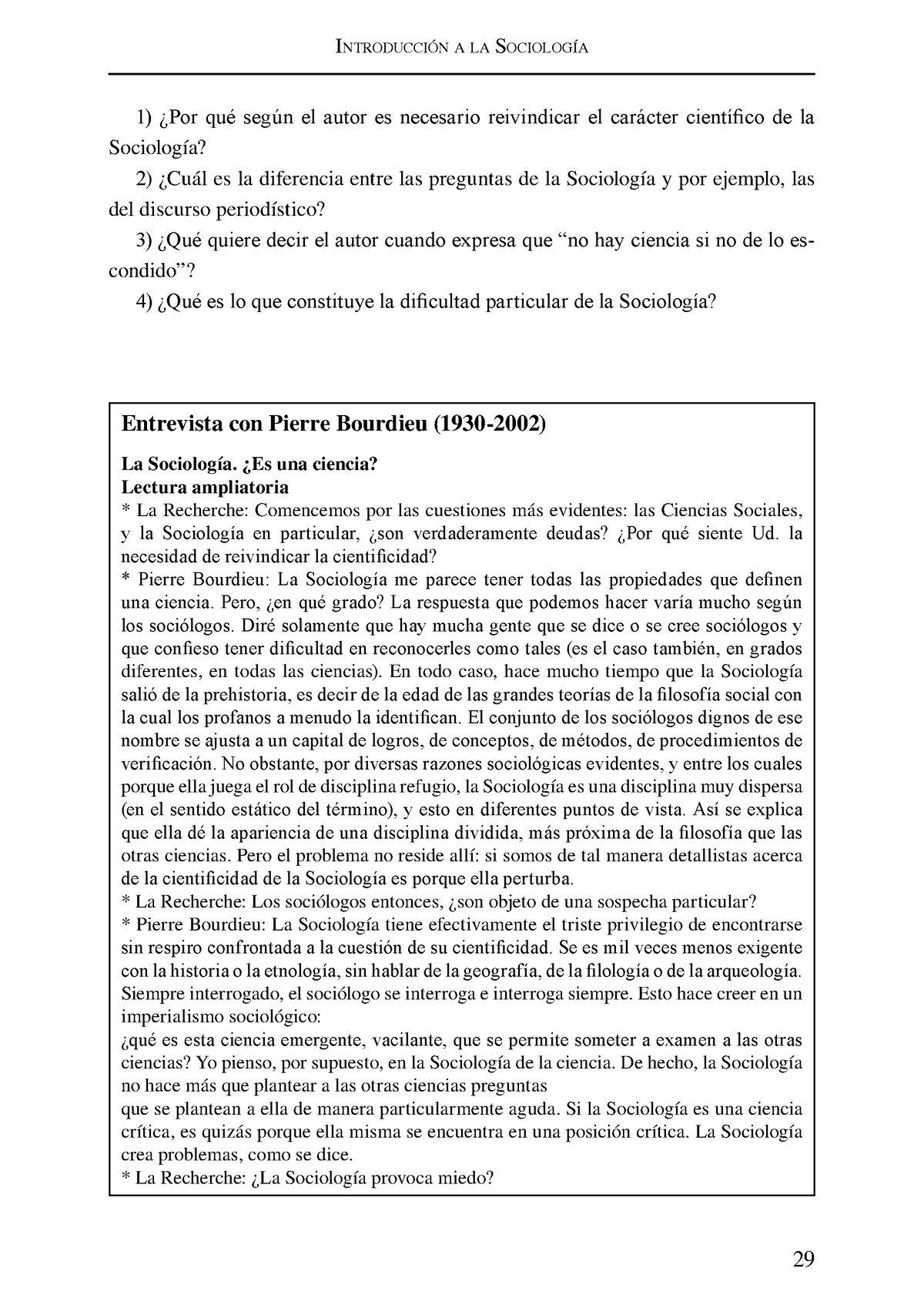 Entrevista Pierre Bourdieu - I NtroduccIón A La SocIología 29 1) ¿Por ...