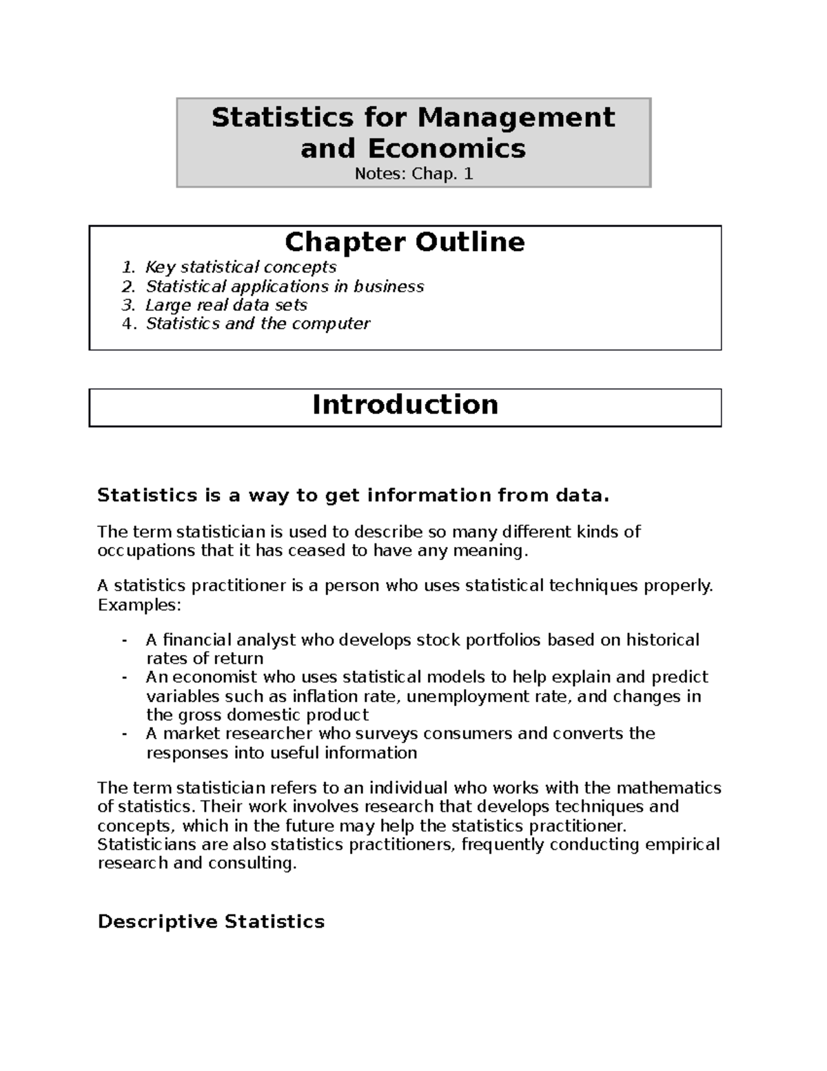 Chap. 1 - Notes of chapter 1 - Statistics for Management and Economics ...