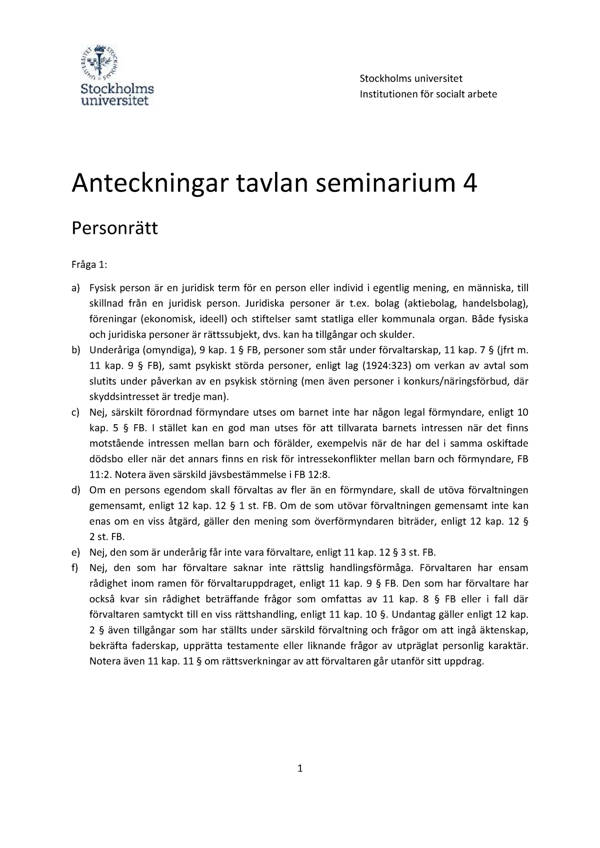 Anteckningar Seminarium 4 - Stockholms Universitet Institutionen För ...