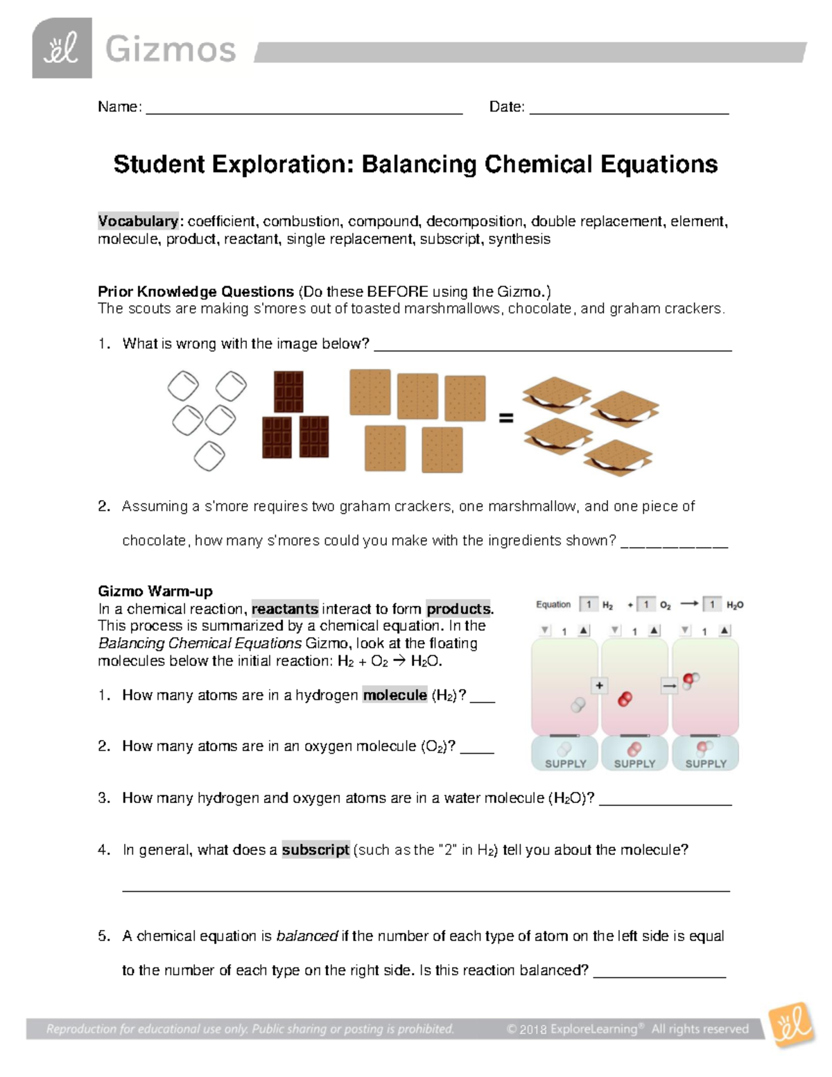 Balancing Chem Equations SE - 2018 Name ...