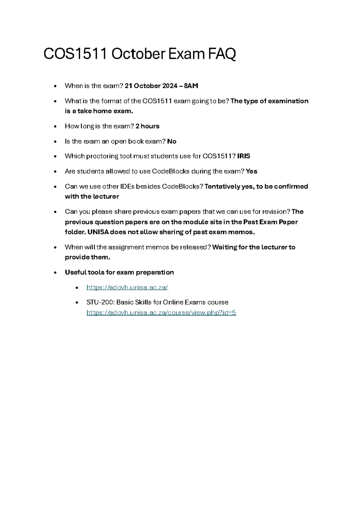 COS1511 October Exam FAQ - • How long is the exam? 2 hours • Is the ...