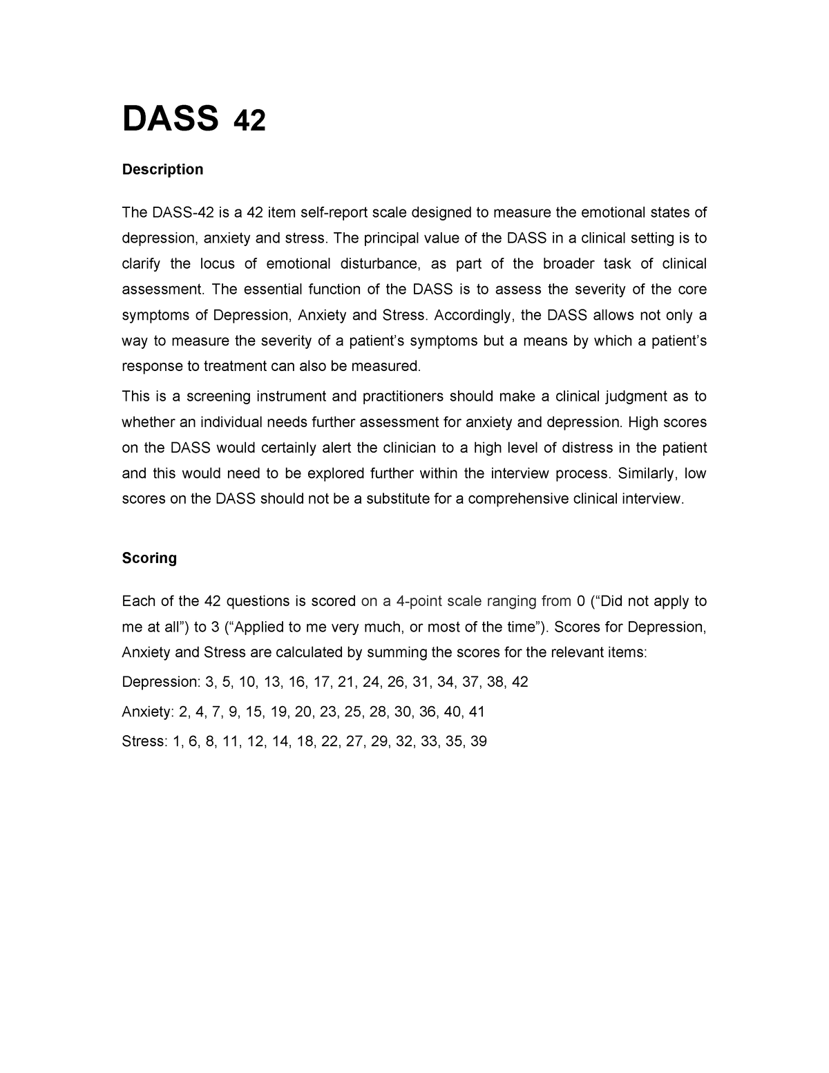 DASS-42-Scoring - Dass interpretation - DASS 42 Description The DASS-42 ...