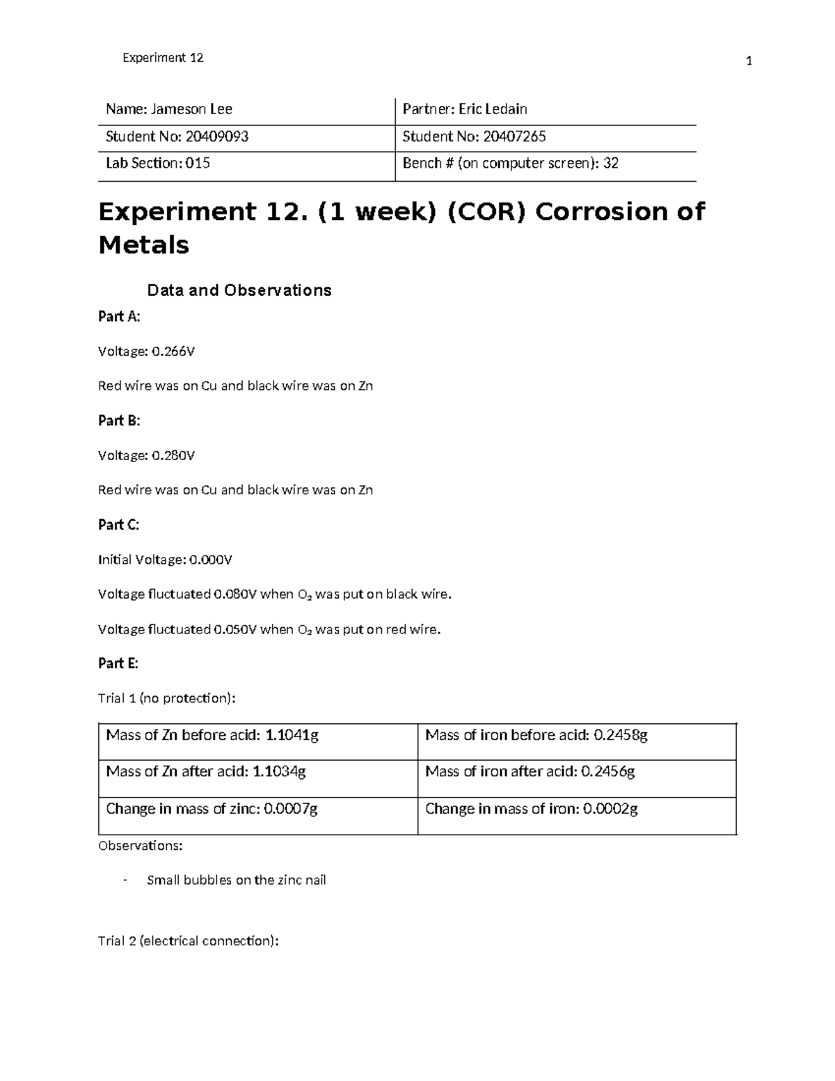 Corrosion Lab Report - Name: Jameson Lee Partner: Eric Ledain Student ...
