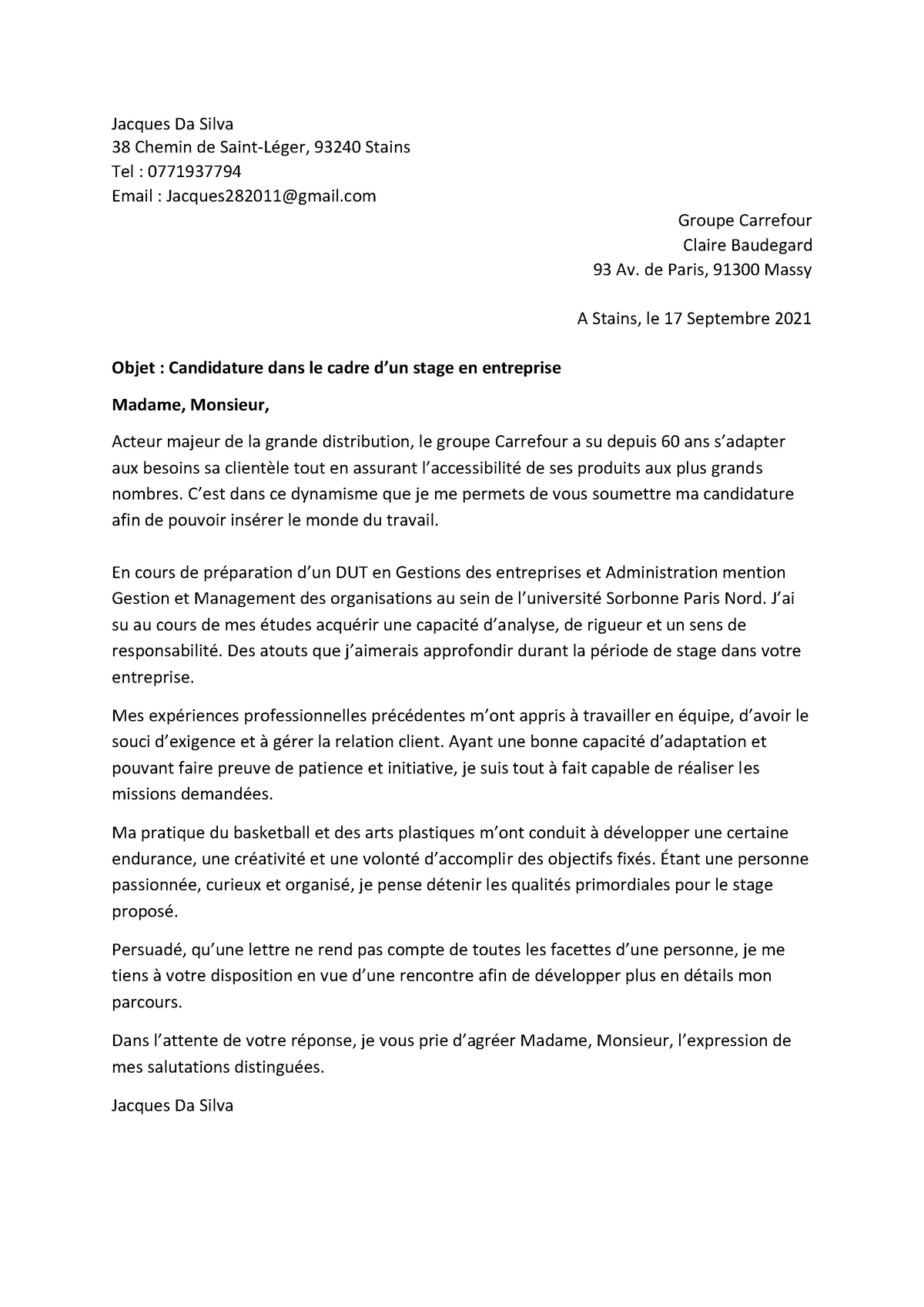 Lettre de motivation exemple pour stage Carrefour Jacques Da Silva 38