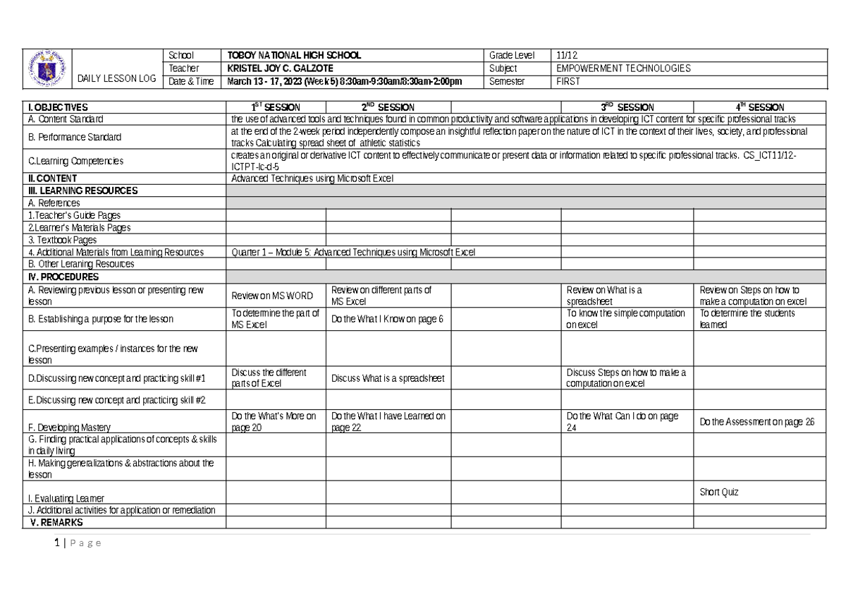 week5 -dll empowerment technology - DAILY LESSON LOG School TOBOY ...