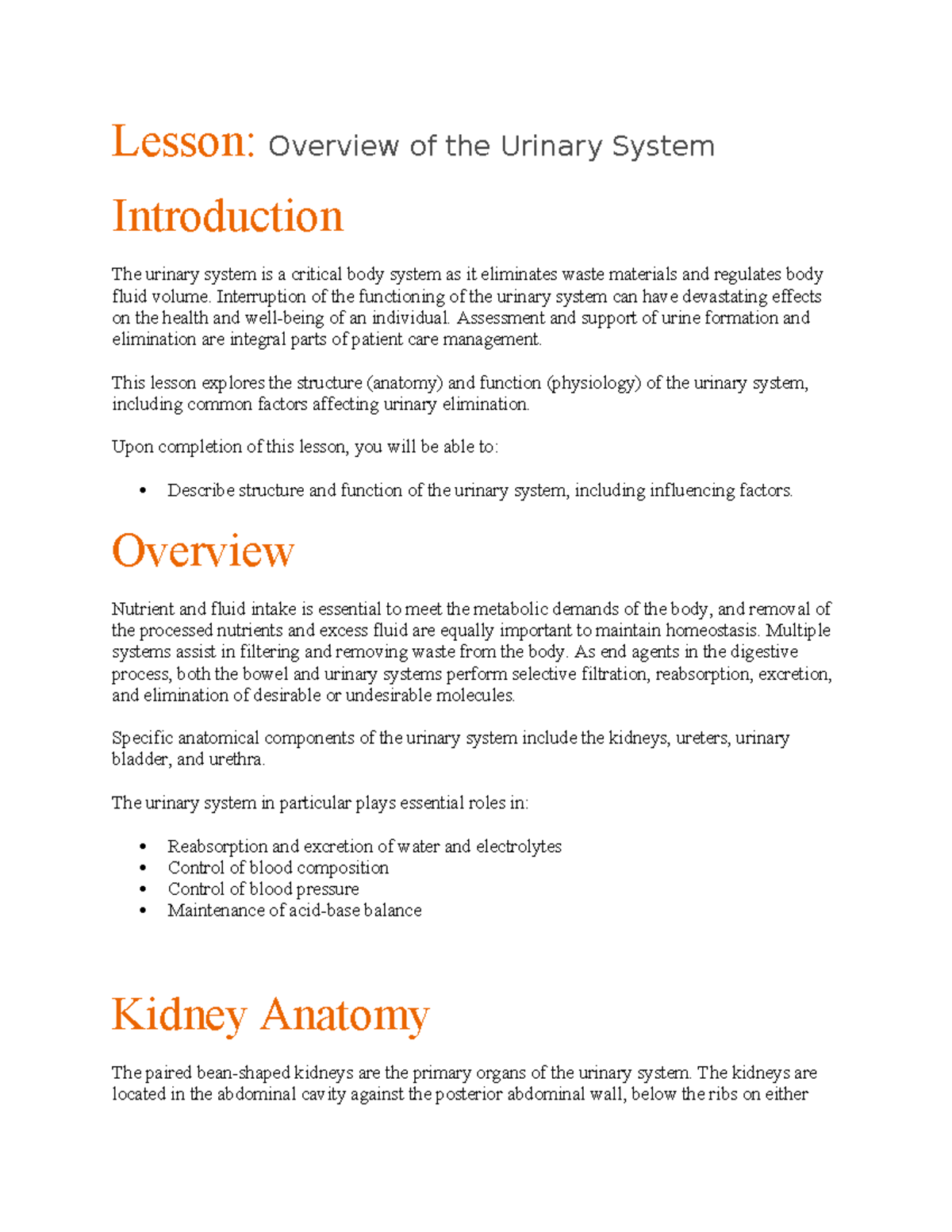 Lesson #3 Urinary Overview - Lesson: Overview of the Urinary System ...
