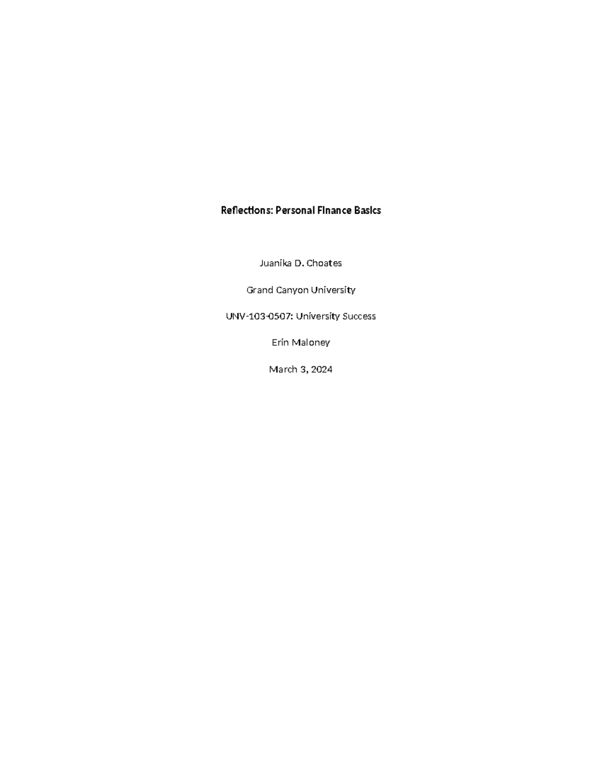 Excel Budget Assignment - Reflections: Personal Finance Basics Juanika ...