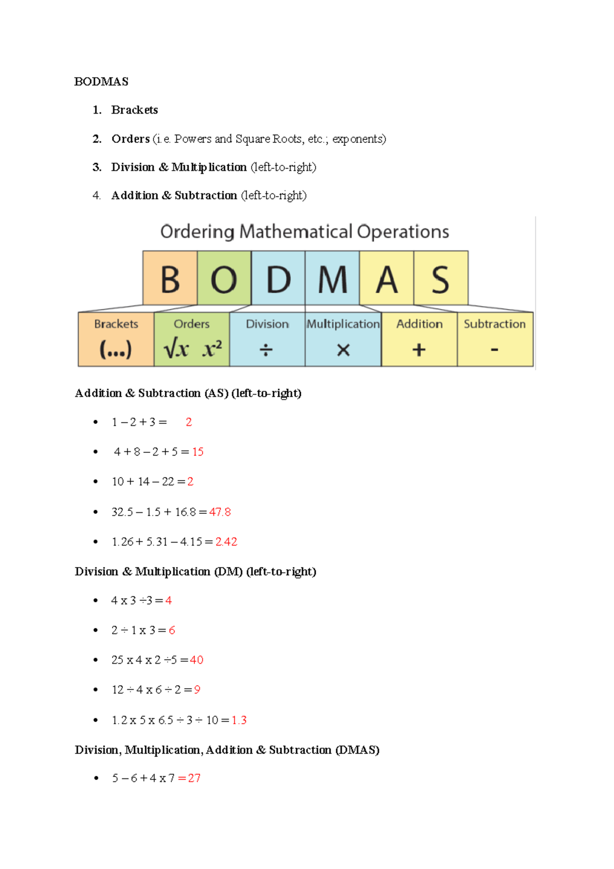 Bodmas Worksheet W2 - BODMAS Brackets Orders (i. Powers And Square ...