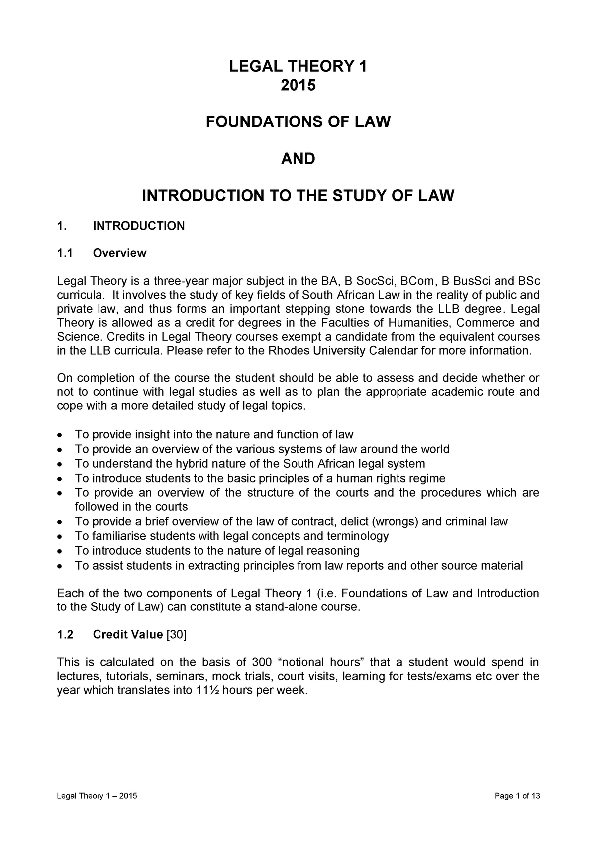 Introduction to LawCourse Outline for Law students LEGAL THEORY 1