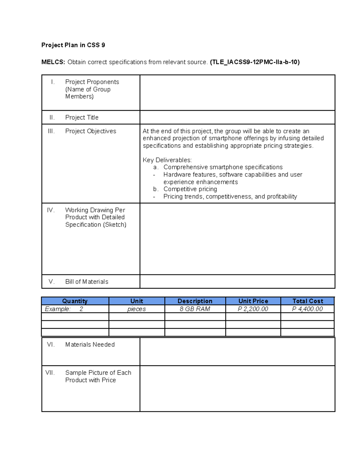 Project Plan CSS 9 Q2-23-24 - Project Plan in CSS 9 MELCS: Obtain ...