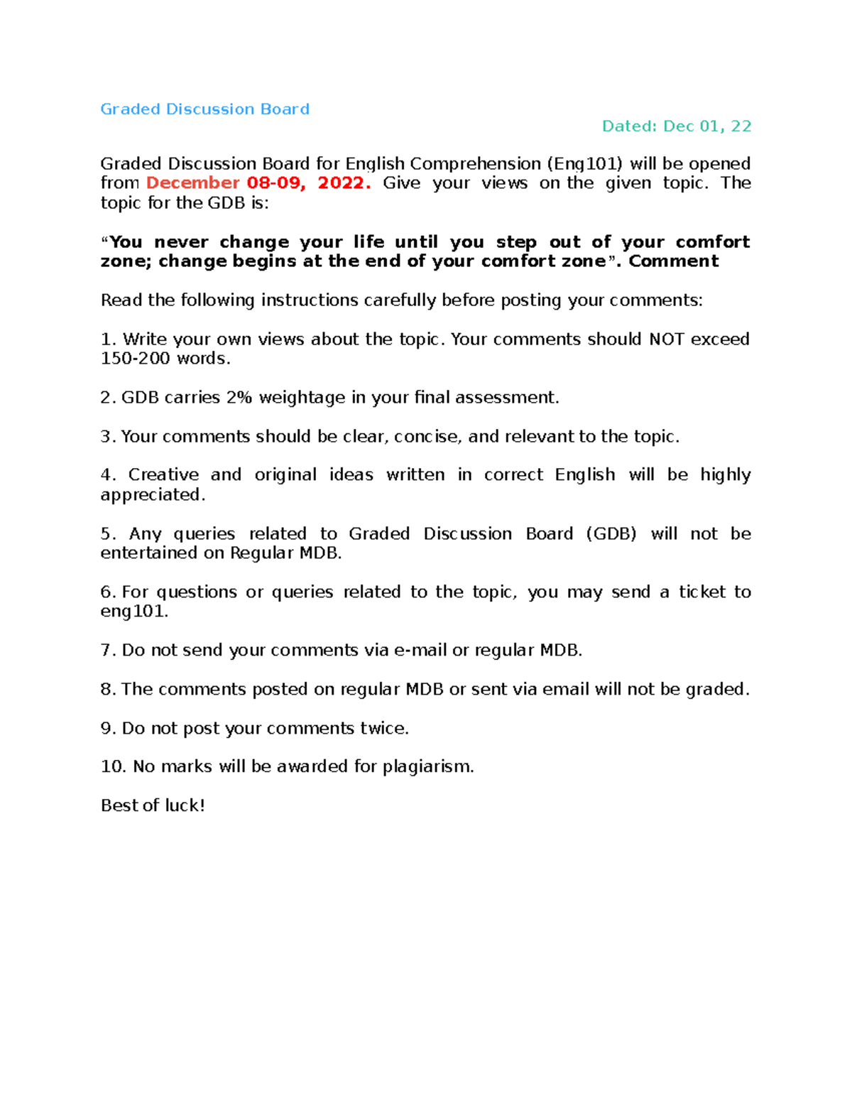 GDB English Assignment Graded Discussion Board Dated Dec 01, 22