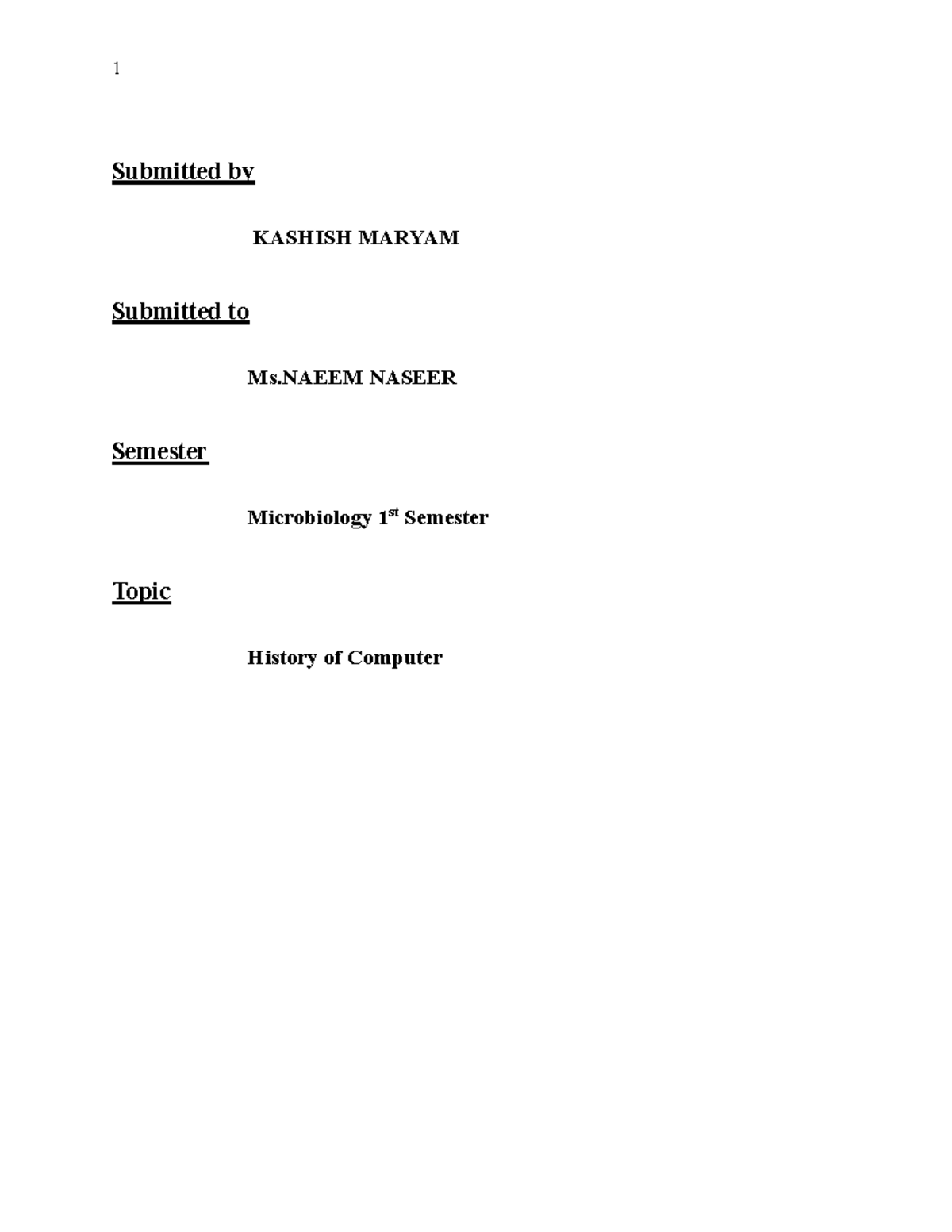 History of computer 301 - Submitted by KASHISH MARYAM Submitted to Ms ...