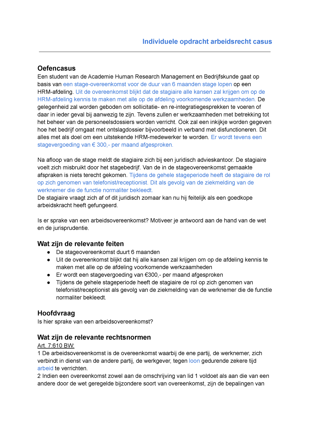 Individuele Opdracht Casus Arbeidsrecht - Individuele Opdracht ...