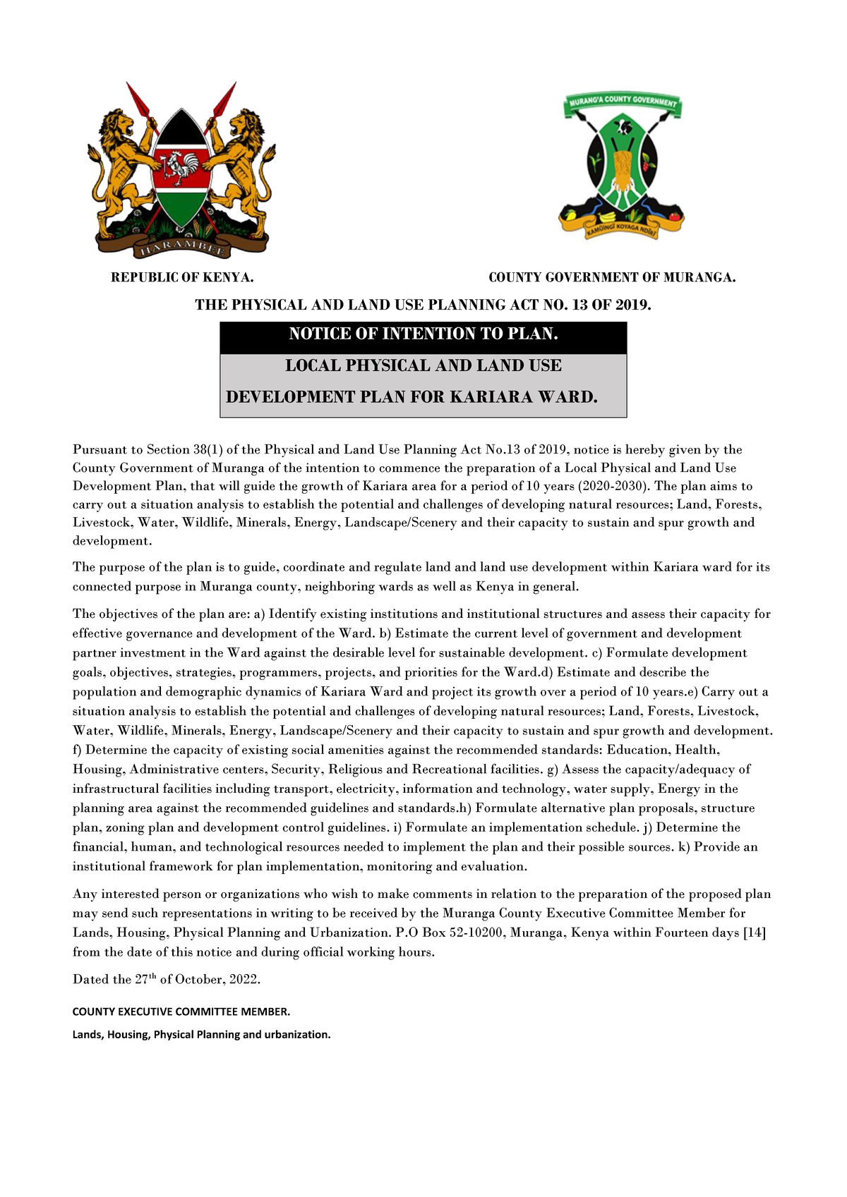 THE Physical AND LAND USE Planning ACT NO REPUBLIC OF KENYA. COUNTY